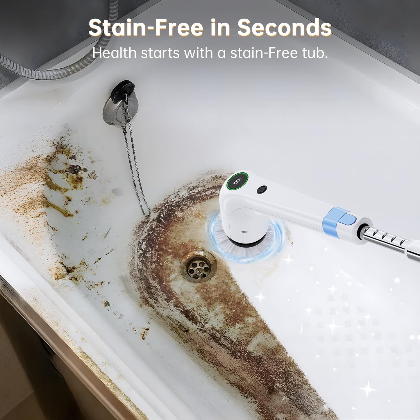PUFTEM Electric Spin Scrubber, Cordless Shower Scrubber with 8 Scrub Brush, 2 Speed with Adjustable Extension Handle, Battery Level Display, Power Scrubber for Bathroom Bathtub Tile Floor, White