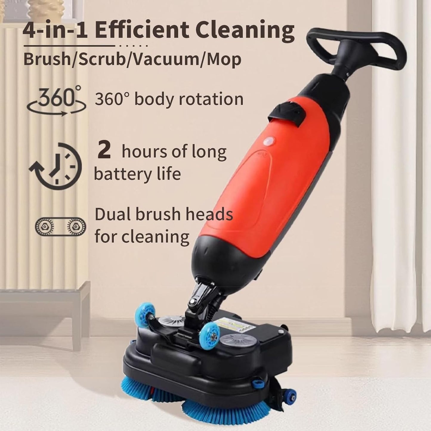 LSHFYV Cordless Electric Floor Scrubber, 17" Commercial Floor Scrubber Machine with Double Brush Disc Battery-Powered Multi-Functional Floor Buffer Machine 360°Rotation, 12916 sqft, 360 RPM Motor Red