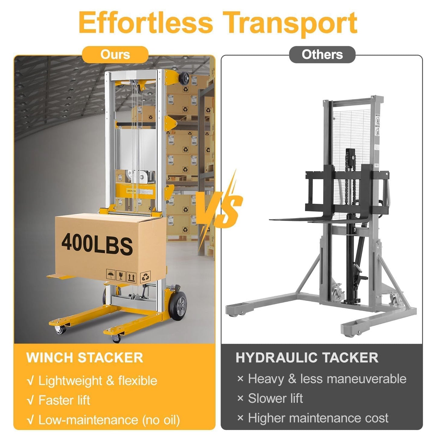 ELOMBR 122" Material Lift Winch Stacker, 400 lbs Capacity Manual Material Lifts, Fixed Straddle Material Lifter, Hand Winch Lift Trucks for Warehouse, Factory, Lightweight, 34.60"L x 24.80"W, Yellow