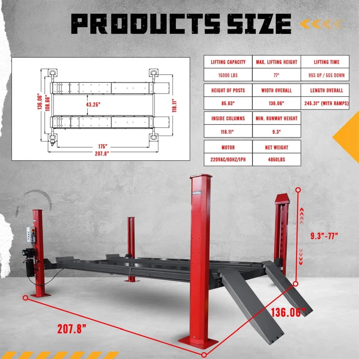 MutsMover 15,000 LBS 4-Post Car Lift, Extra Tall & Wide Parking and Storage Auto Lift with 77" Max Height, 4.0HP Heavy-Duty Hydraulic System for Garage, Parking, or Workshop Use, 36 Months Warranty