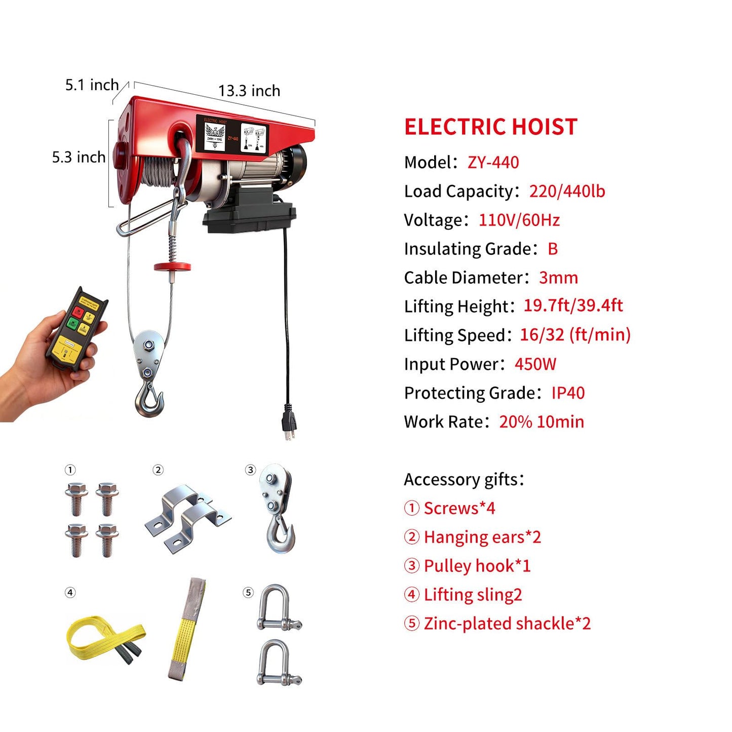 ZHAN · YING Electric Hoist with Wireless Remote Control, 110v 440lbs Electric Hoist with Remote Control, 40ft/20ft Lifting Height Motor, Lift Hoist for Factories Warehouses Construction Site Attic