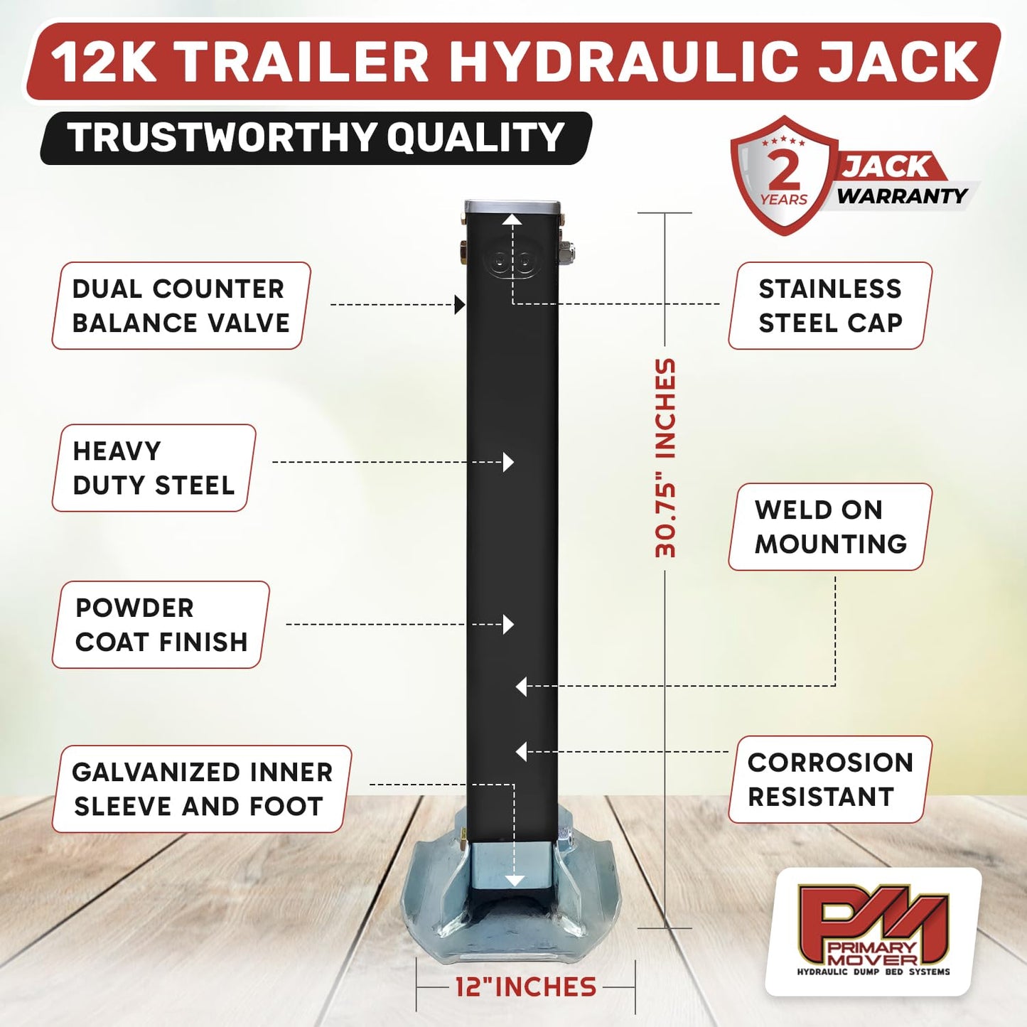 Primary Mover 12K Double Acting Hydraulic Trailer Jack (12,000 lb) - Power Jack 12K, Lift Trailer Jack Stand with Hydraulic Power Unit
