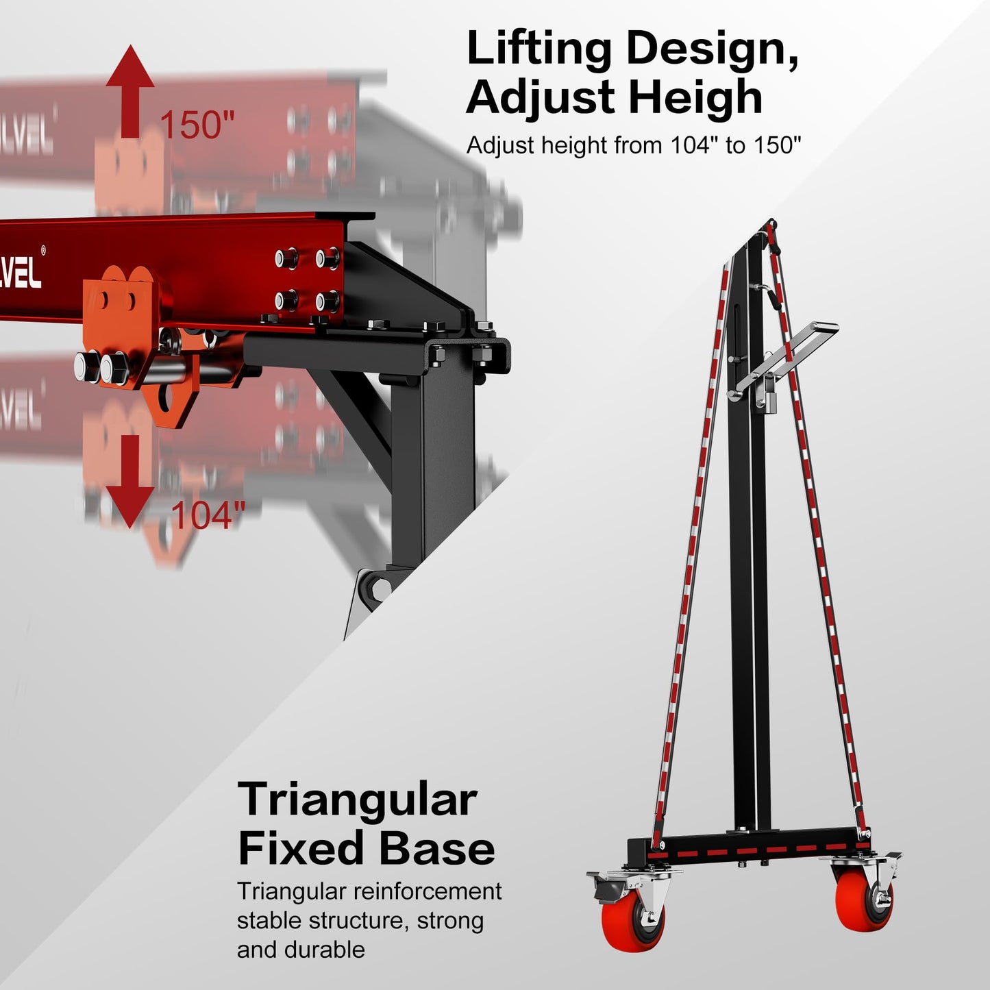 SILVEL Gantry Crane 1 Ton MAX3000LBS, Adjustable Height 8.53 to 12.47ft with Triangle Base, Portable I-Beam Hoist for Factory, Warehouse, Auto Repair & Construction, Red