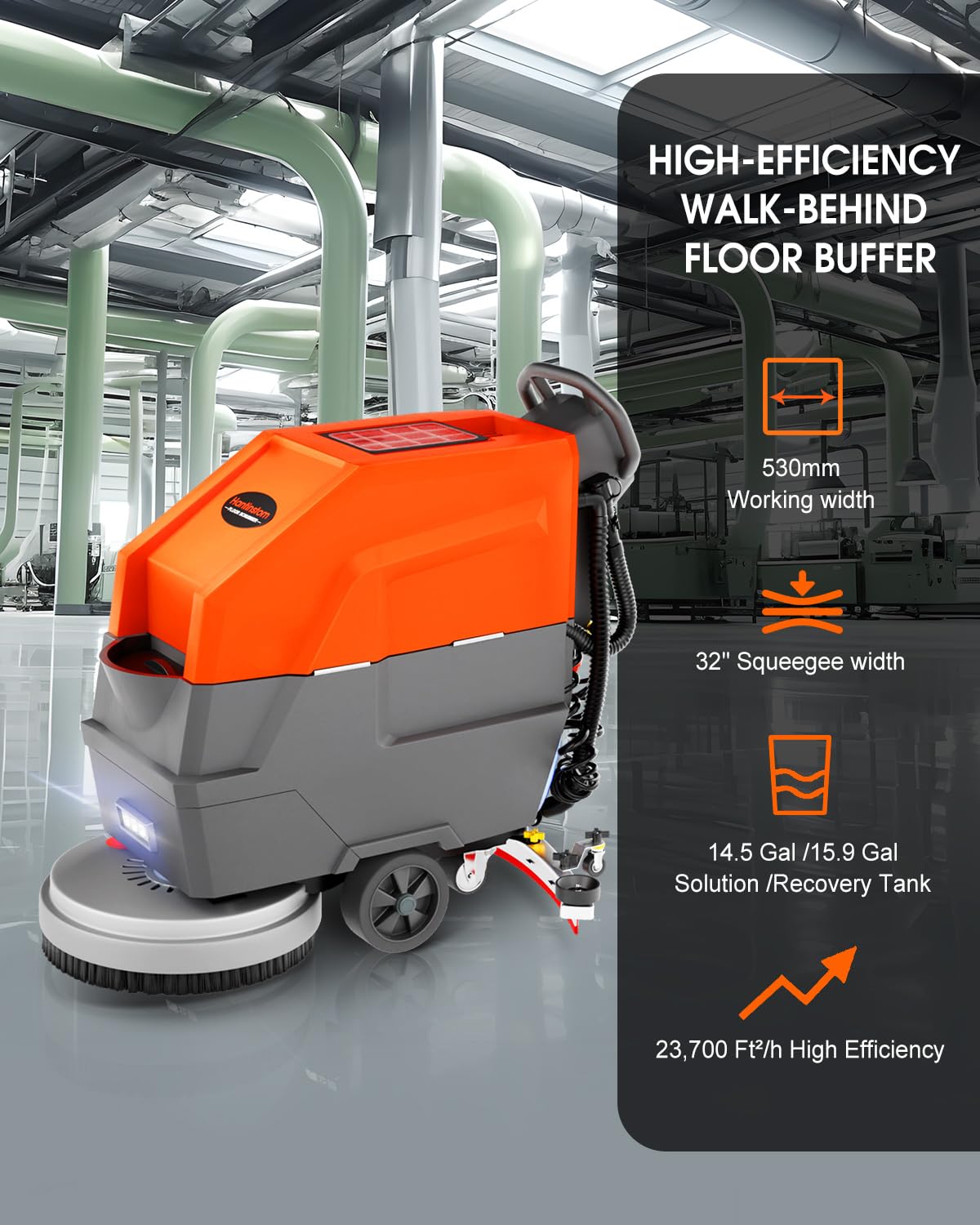 HANTINSTOM Walk Behind Commercial Floor Scrubber with 20" Ultra-Wide Scrubbing Path,High-pressure Watergun，LED Light，14.5 Gal Large Solution Tank,4 Hours Cordless Working Time,23,700 Sqft/h