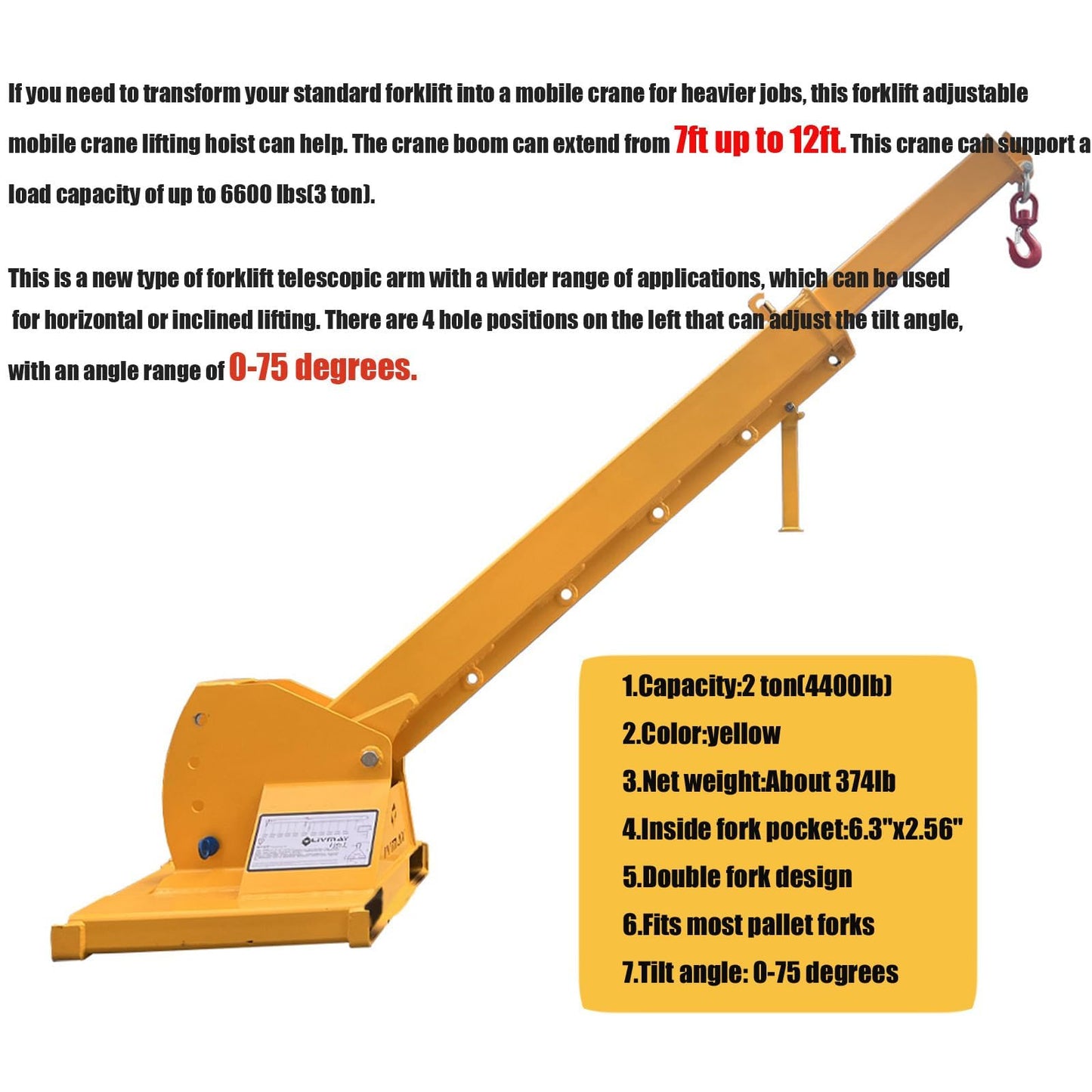 Yokoma 3000KG/6600LB Forklift Jib Boom Mobile Crane, Industrial Lifting Telescoping with 0-75° Adjustable Tilt Angle, 2 Lifting Hooks Hoist, Telescopic Booms Attachments for Towing Handling Equipment