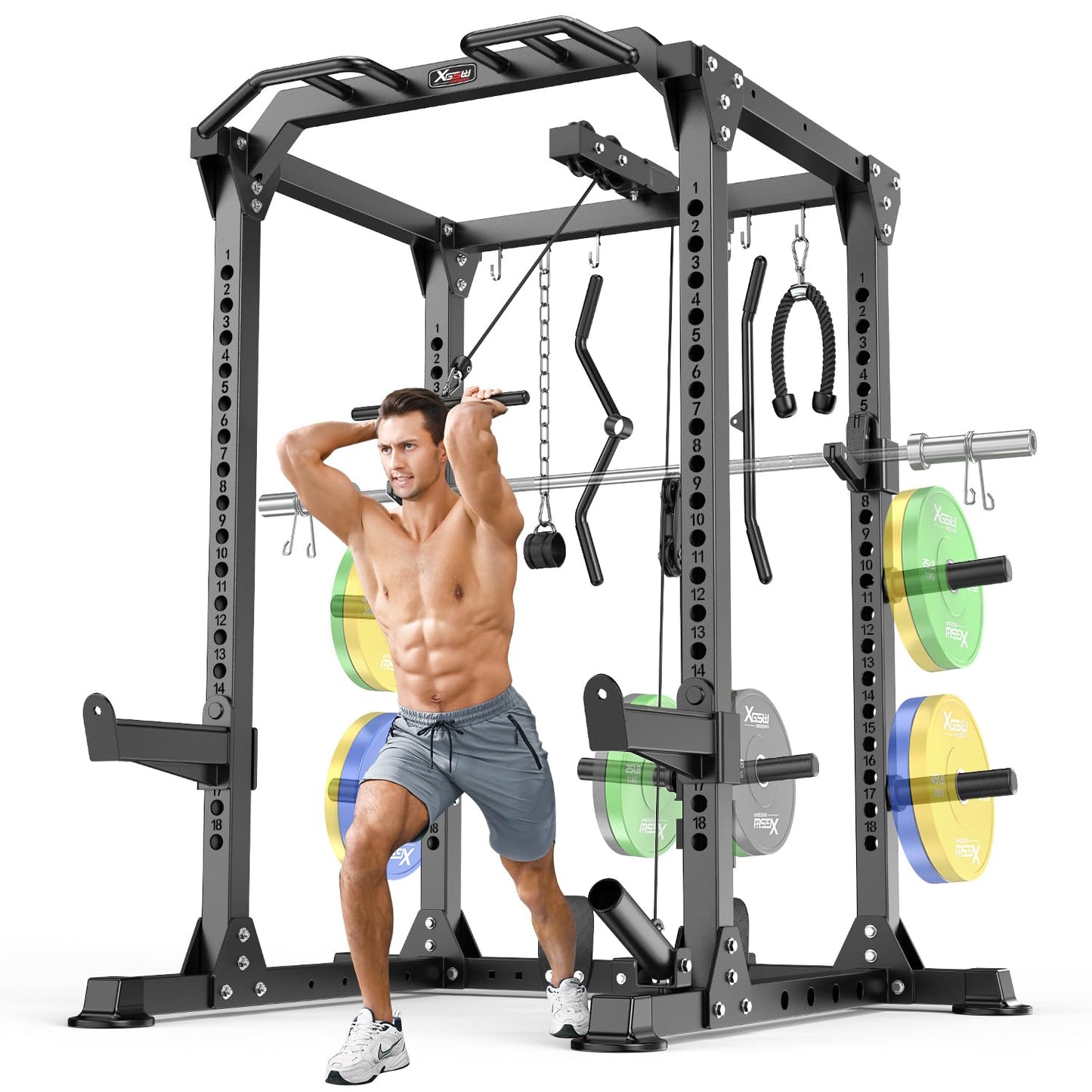 Power Rack Power Cage Multi-Function Squat Rack with Cable Crossover System Selectable More Training Attachment Power Rack for Garage & Home Gym (Black, A Set L01 Power Cage)