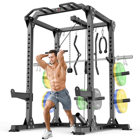 Power Rack Power Cage Multi-Function Squat Rack with Cable Crossover System Selectable More Training Attachment Power Rack for Garage & Home Gym (Black, A Set L01 Power Cage)