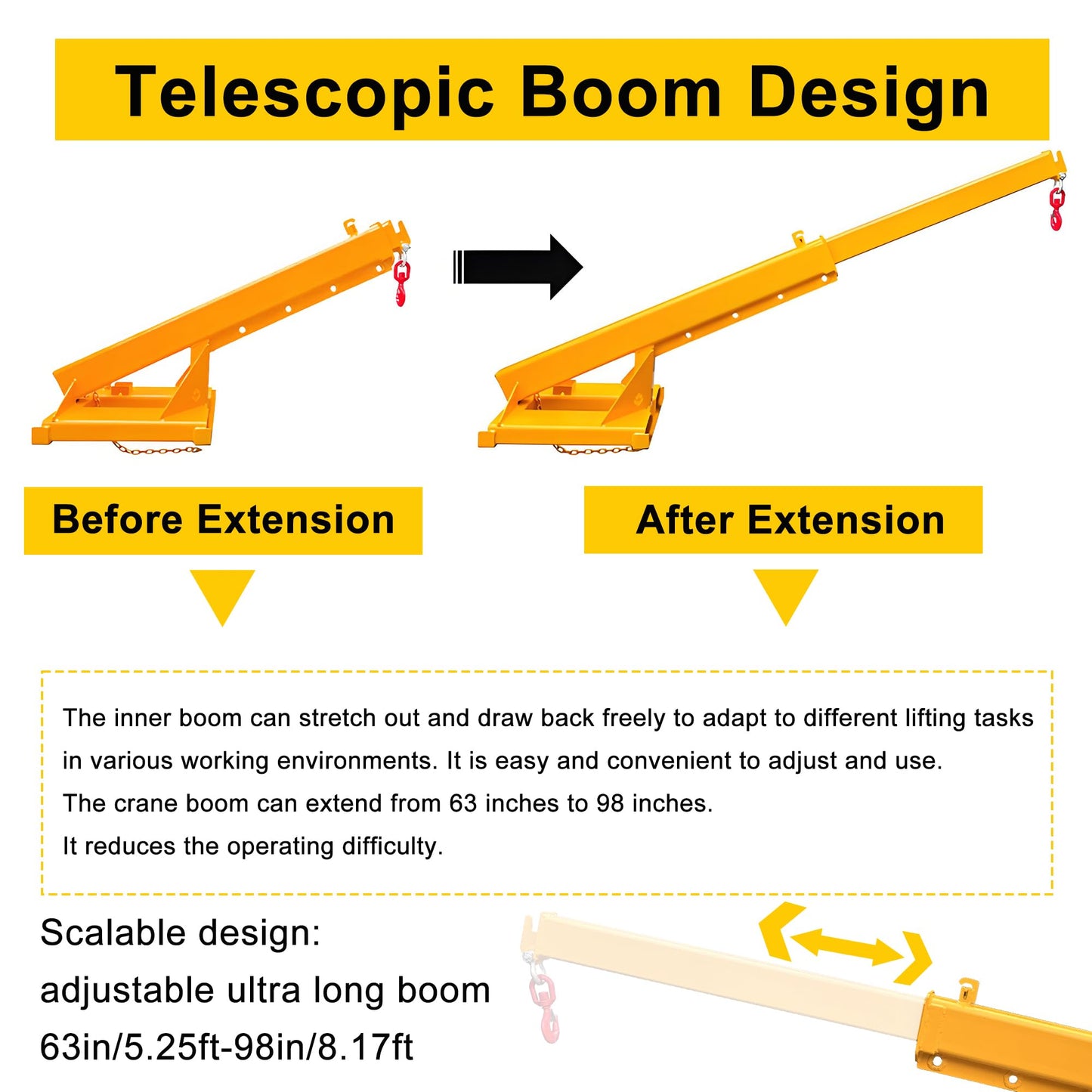 HayWHNKN Forklift Jib Boom Forklift Mobile Crane, 2T / 4400LB Telescopic Crane Attachment with Hook, Adjustable 63"-98" Mobile Lifting Hoist Towing Handling for Warehouse & Construction Material