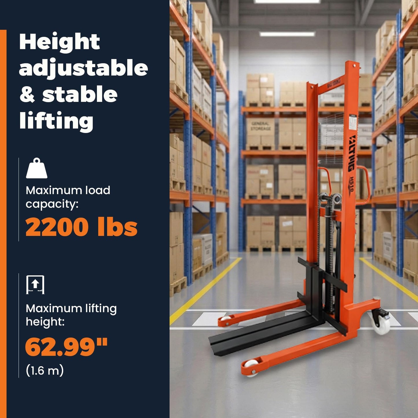 LTMG Manual Stacker Hand Pallet Forklift 2200 lbs Capacity Hydraulic Material Lift 62.99" Lift Height Multifunctional Pallet Truck Manual with Adjustable Forks