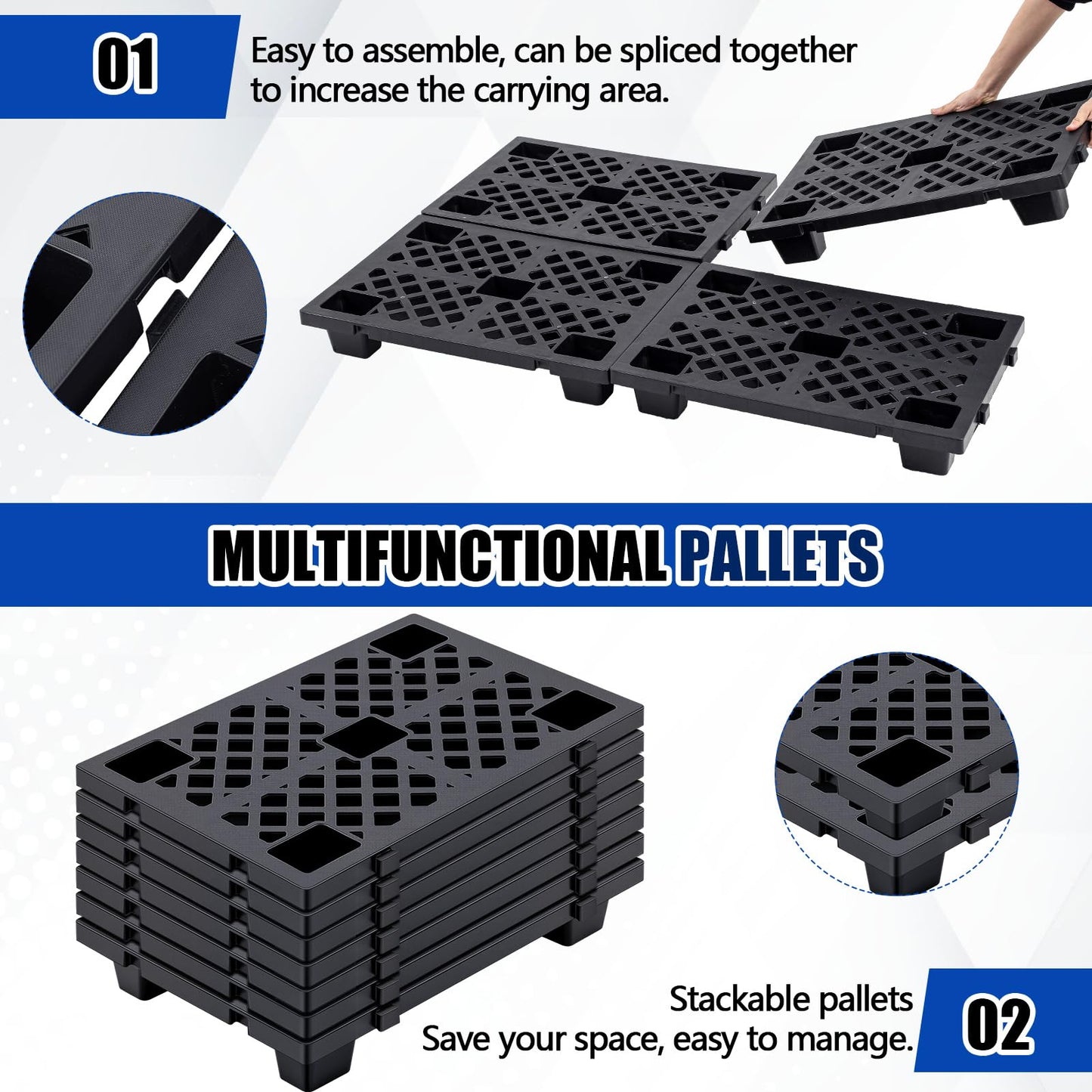 Singhoow 8 Pcs Plastic Pallets for Basement Storage Nestable Moisture Waterproof Lightweight Floor Pallets with Breathable Grid for Indoor Outdoor Supermarket Warehouse (23.6 x 15.8 x 3.9 Inch,Black)
