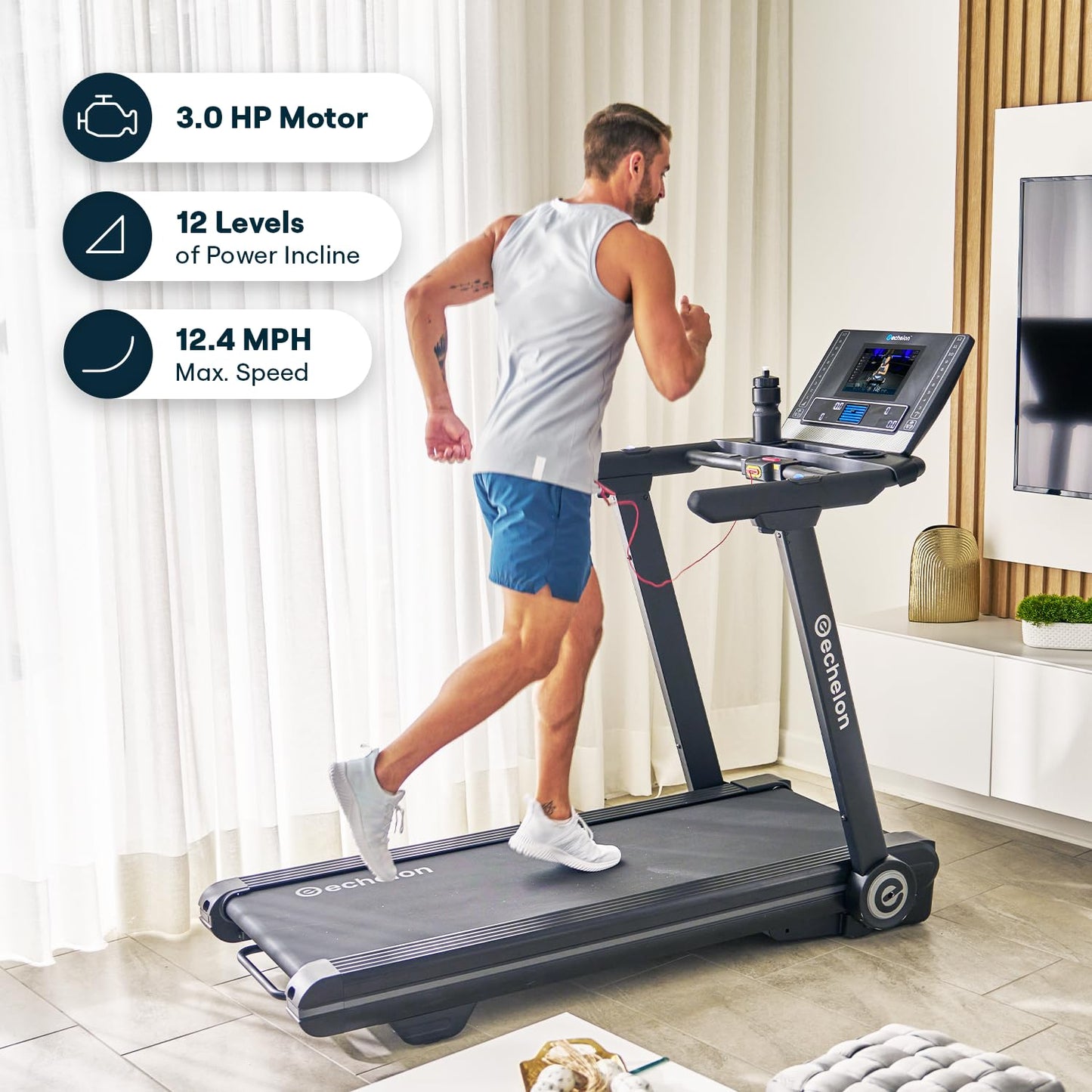 Echelon Stride 6S-10 Smart Foldable Treadmill | XL Device Holder, 3.0 CHP Motor, 12 Incline Levels, Bluetooth, USB Charging, Auto-Fold Design | Home Gym Running, Jogging & Cardio Machine