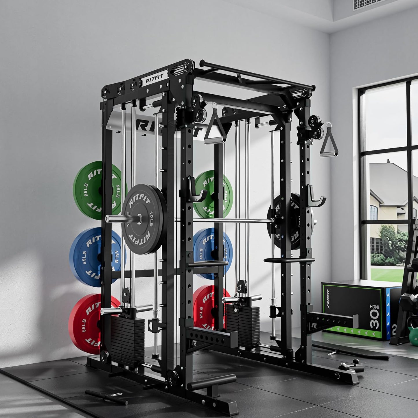 RitFit M2 Smith Machine with with Cable Crossover System, 3D Functional Trainer & Power Cage, 16 Adjustment Holes, 6 Storage Pegs for Full-Body Home Gym(M2 PRO-3D Black)