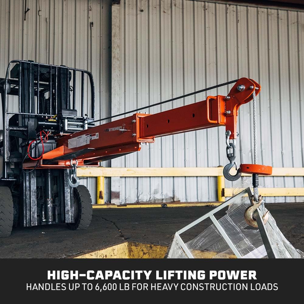 Titan Attachments Fork-Mounted Adjustable Hoist Jib Boom Crane with Electric Winch, Wired and Wireless Controllers, Manual Telescoping Boom Extends Up to 138", 6600 LB Lift Capacity