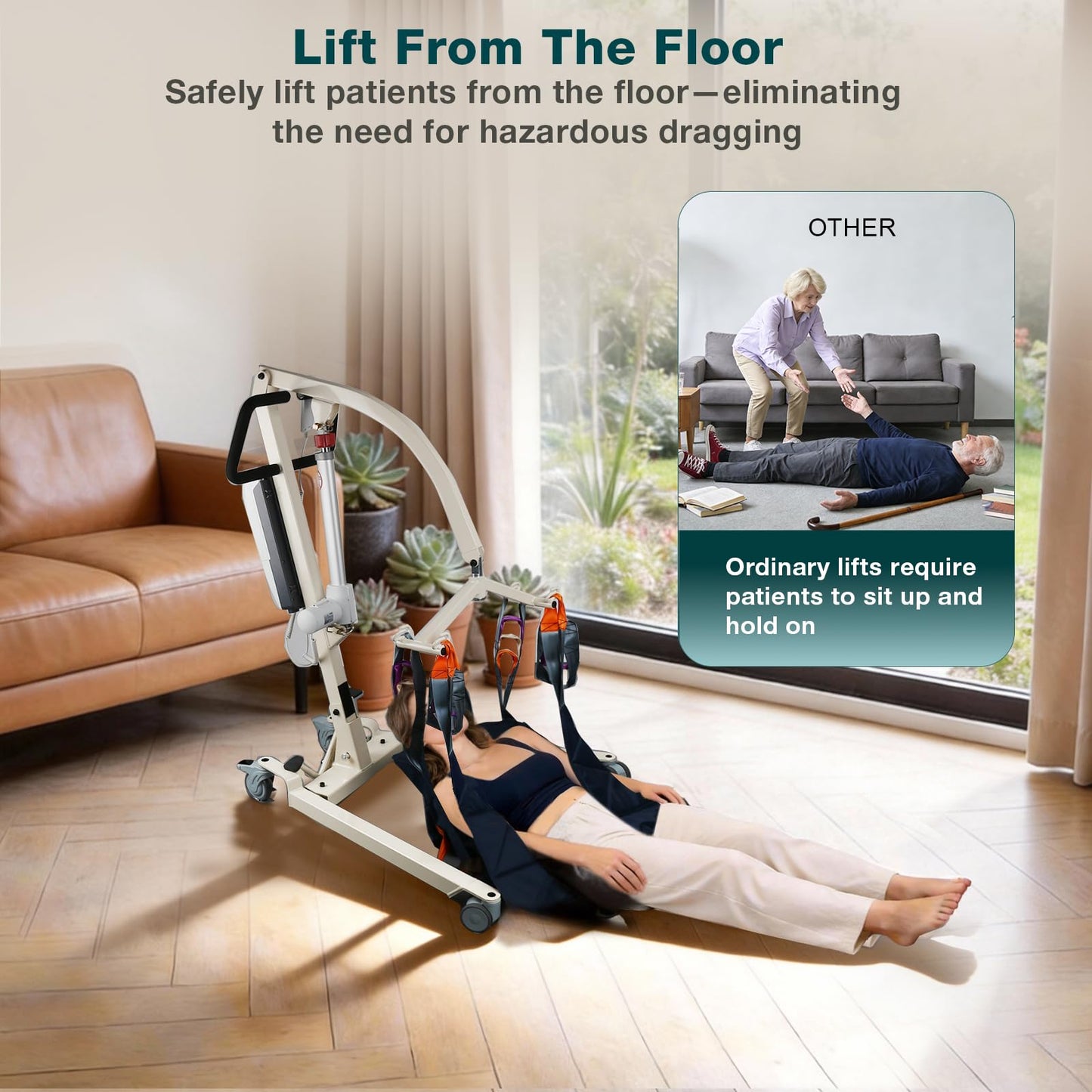 WHLICKS Electric Patient Lift with Divided Leg Sling – 400LBS Heavy Duty Transfer Chair for Elderly, Full-Range Open Base Slides Under Bed/Chair, Fast Folding Homecare Lift with Braked Casters
