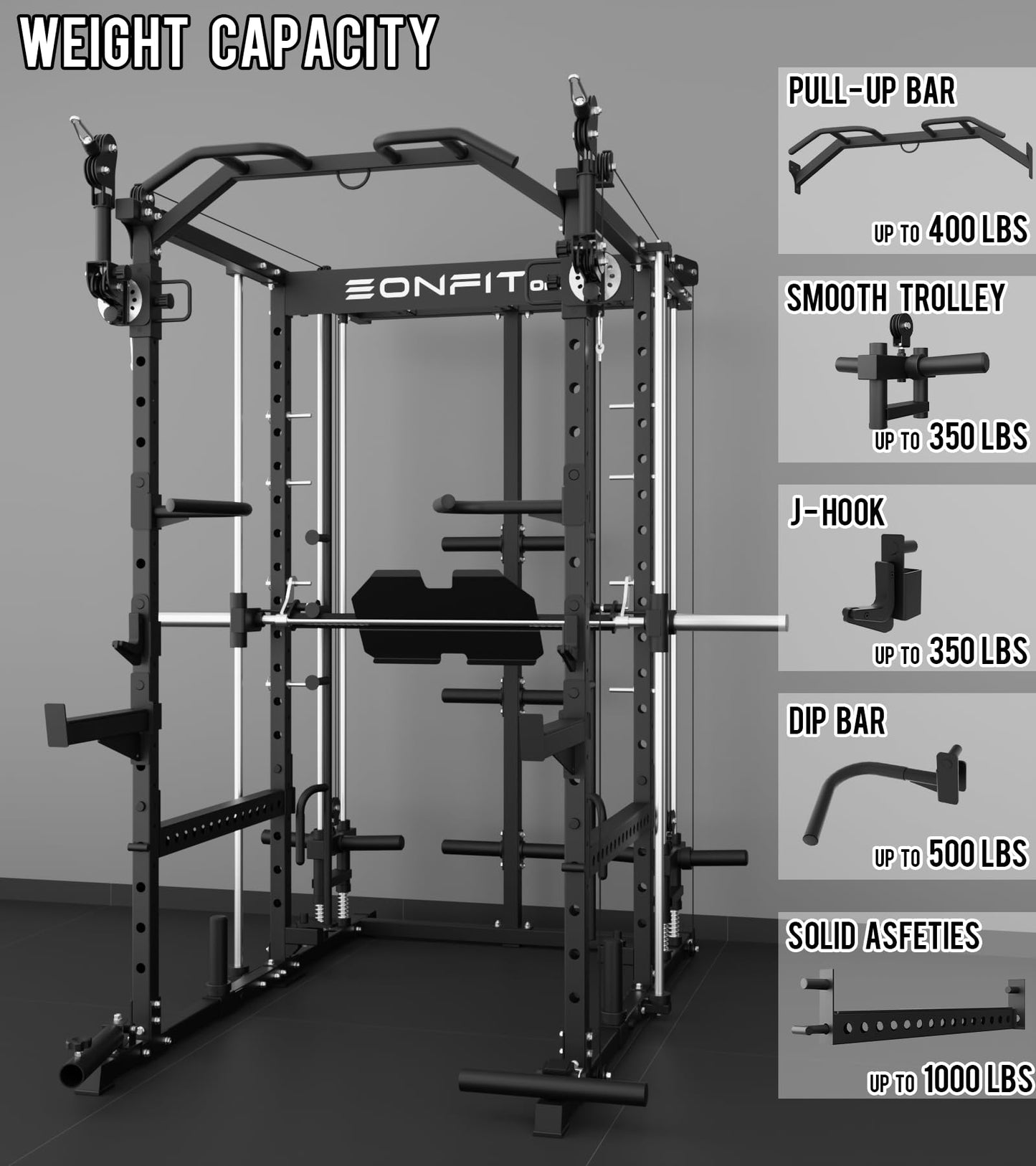 EonfitOmni Eonfit E5 Smith Machine with Vertical Leg Press, Power Cage Squat Rack with LAT-Pull Down Cable Crossover Rotating Arms System Home Gym Equipment All in One (Black, PRO)