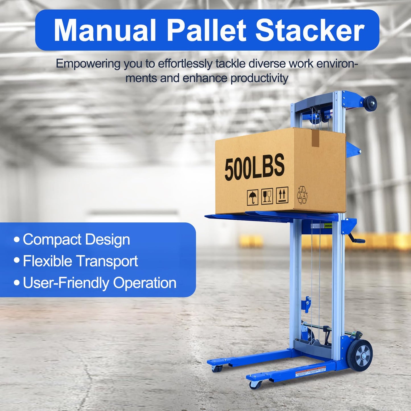 ELOMBR 2PCS Material Lift Winch Stacker, 3.54"-70" Height Range, 500 lbs Capacity, Hand Winch Lift Trucks for Warehouse, Factory, Library, 34.60" L x 24.80" W