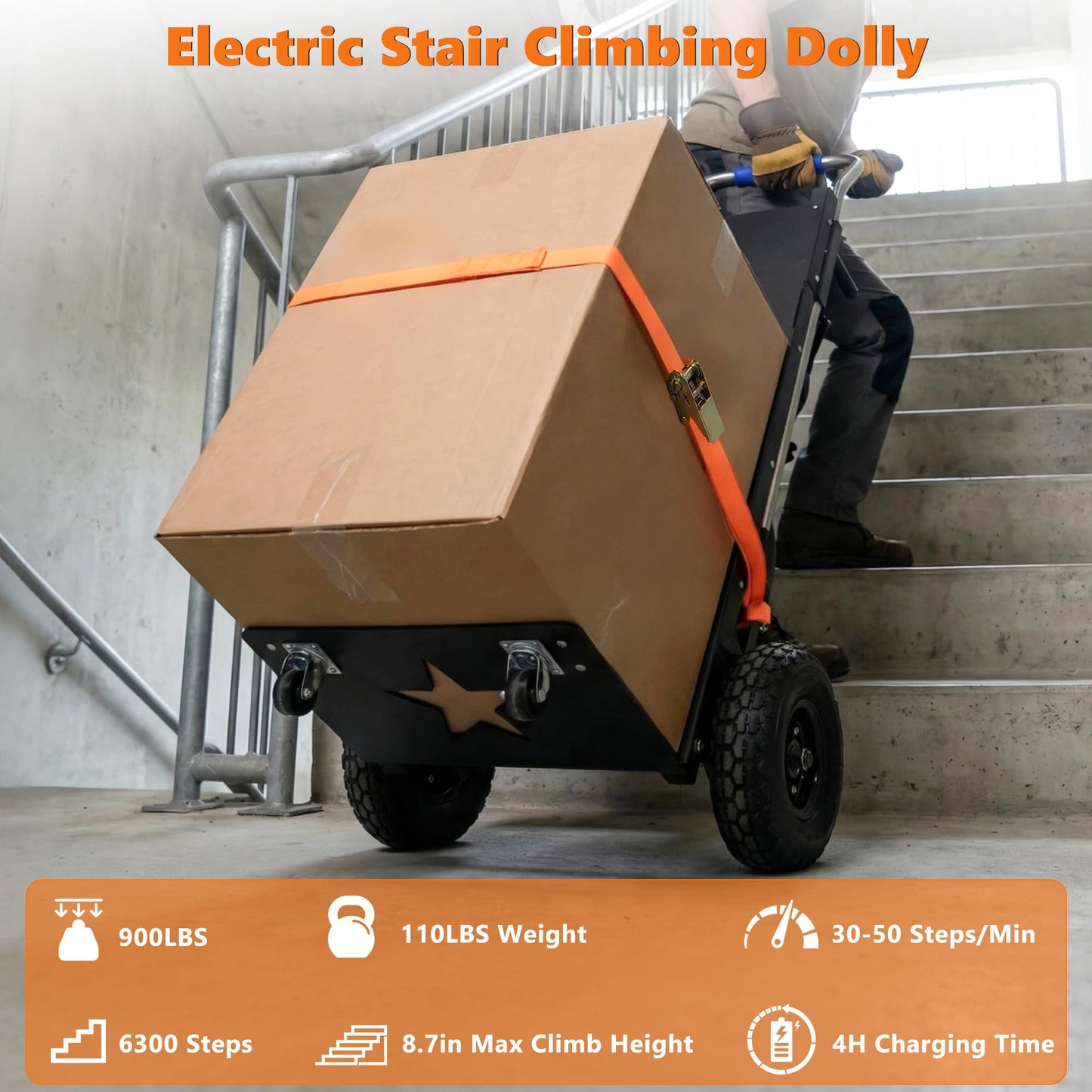 Electric Stair Climbing Dolly 1500W Heavy Duty Powered Stair Climber Hand Truck with 10" Anti-Slip Tires, Powered Stair Climbing Cart for Appliances, Furniture & Warehouse Moving (900 lbs Capacity)