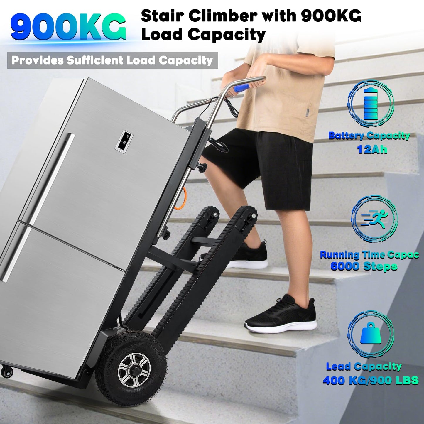 Electric Stair Climbing Dolly, 1250W Electric Stair Climbing Hand Truck, 900lbs Max Load Capacity, 3 Mode Folding Stair Climber Hand Trucks with Telescopic Handle for Moving (Black/Big Wheel)