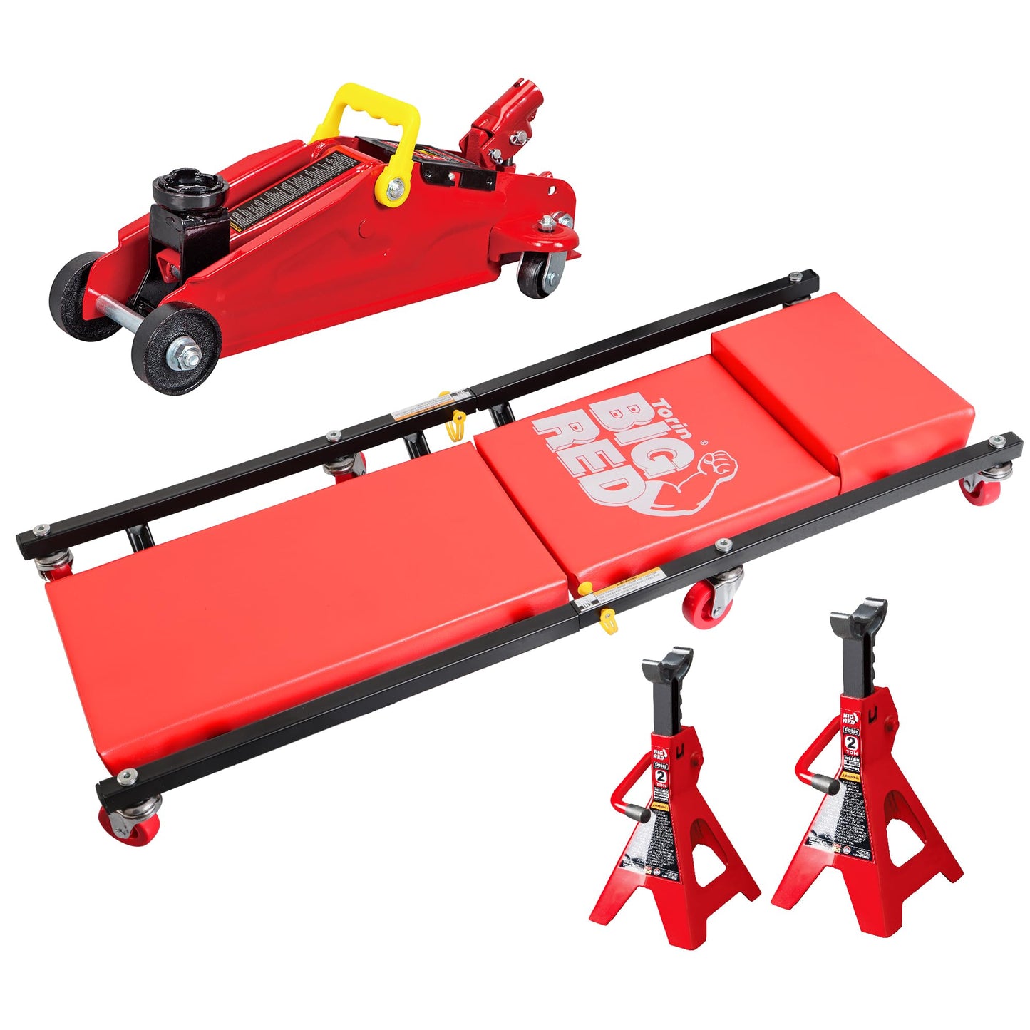 Big RED AT82040R Torin Hydraulic Trolley Floor Service/Floor Combo with 2 Jack Stands and Rolling Garage/Shop Creeper, 2 Ton (4,000 lb) Capacity, Red
