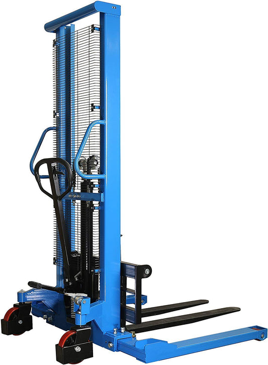 DoubleWin Manual Forklift Pallet Stacker with Straddle Legs, High Lift Straddle Stacker Pallet Lifter Truck with Adjustable Forks,2200lbs Capacity 63" MAX Lifting Height for Wharehouse and Industrial