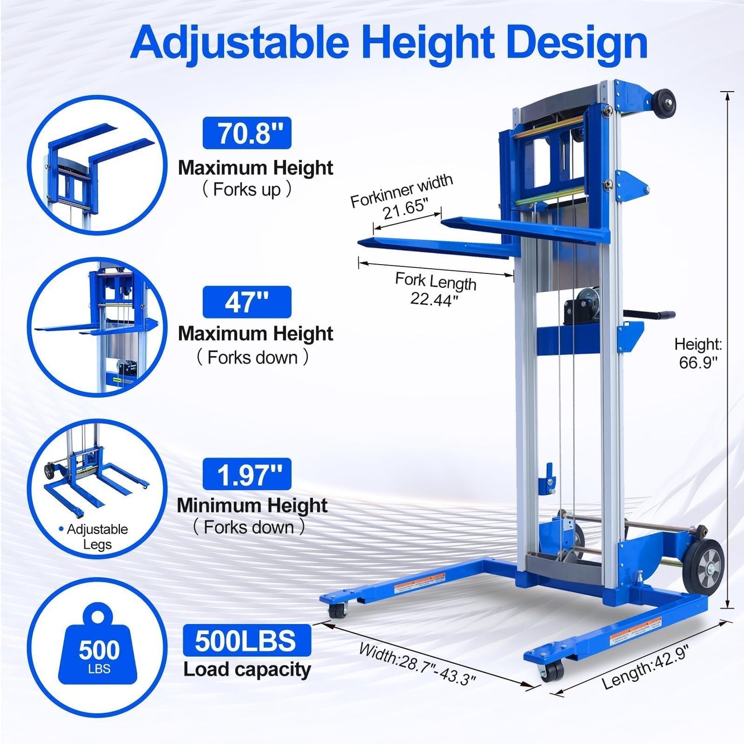 ELOMBR Material Lift Winch Stacker, 1.97"-70" Height Range, 500 lbs Capacity, 42.90"L x 43.30"W, Adjustable Straddle Hand Winch Lift Trucks for Warehouse, Factory