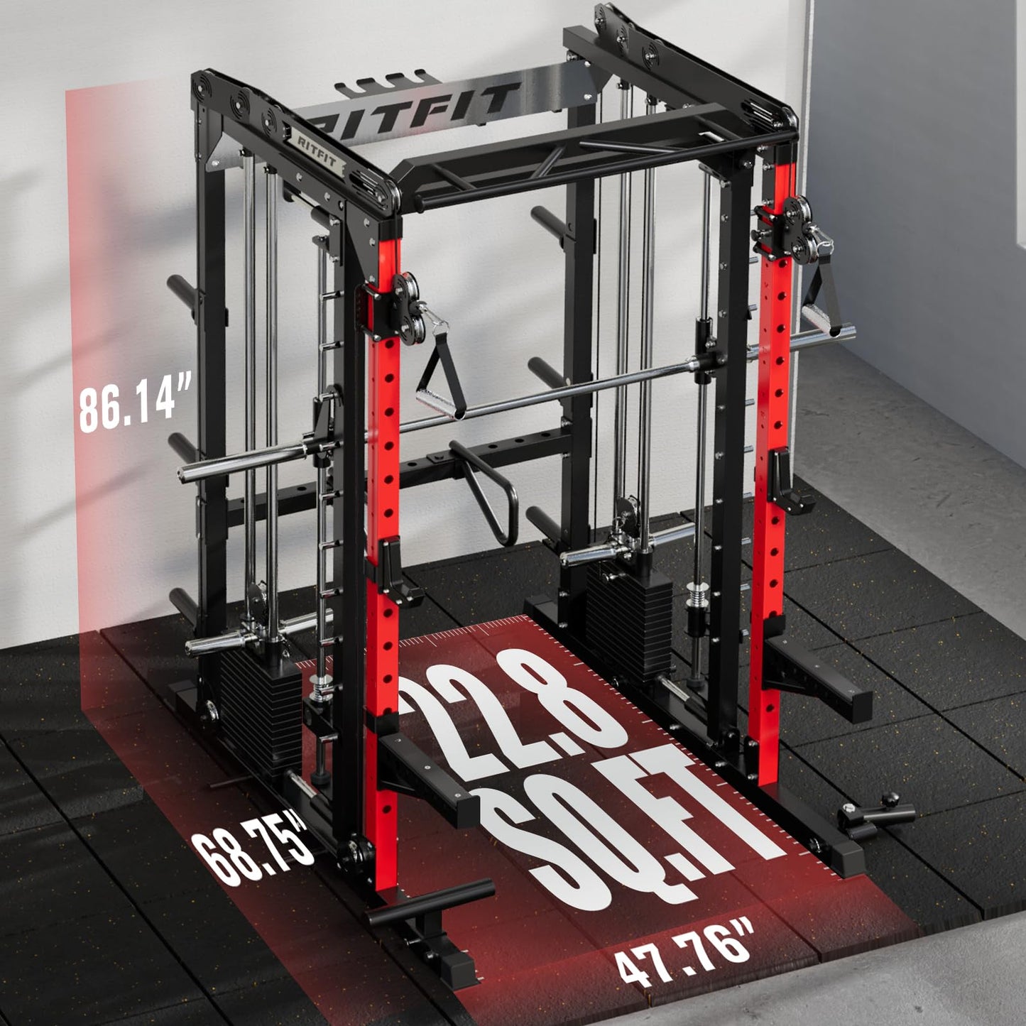 RitFit M2 Smith Machine with with Cable Crossover System, 3D Functional Trainer & Power Cage, 16 Adjustment Holes, 6 Storage Pegs for Full-Body Home Gym(M2 PRO-3D Red)