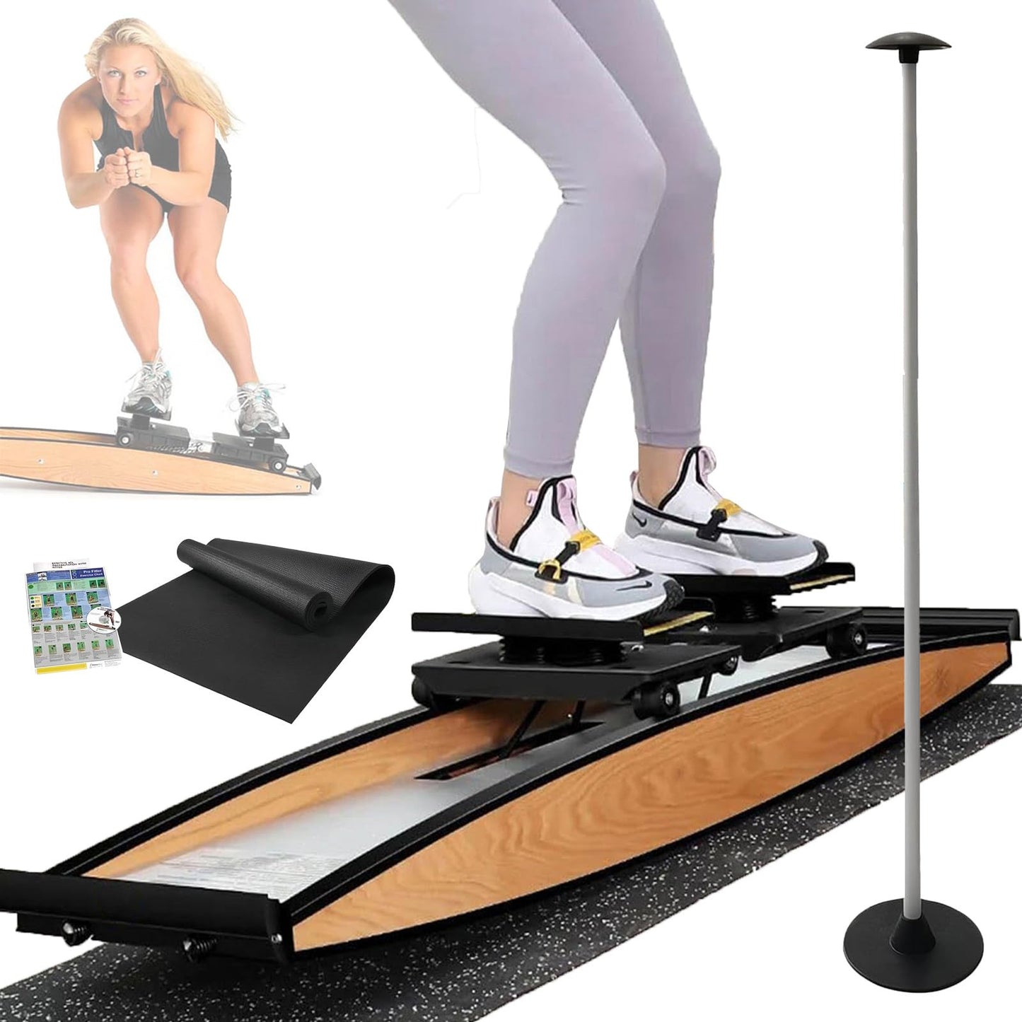 Ski Simulator Training Machine - Ski Exercise Equipment for Balance & Strength, 150kg Load Capacity, Includes Walking Stick & Mat for Home Fitness