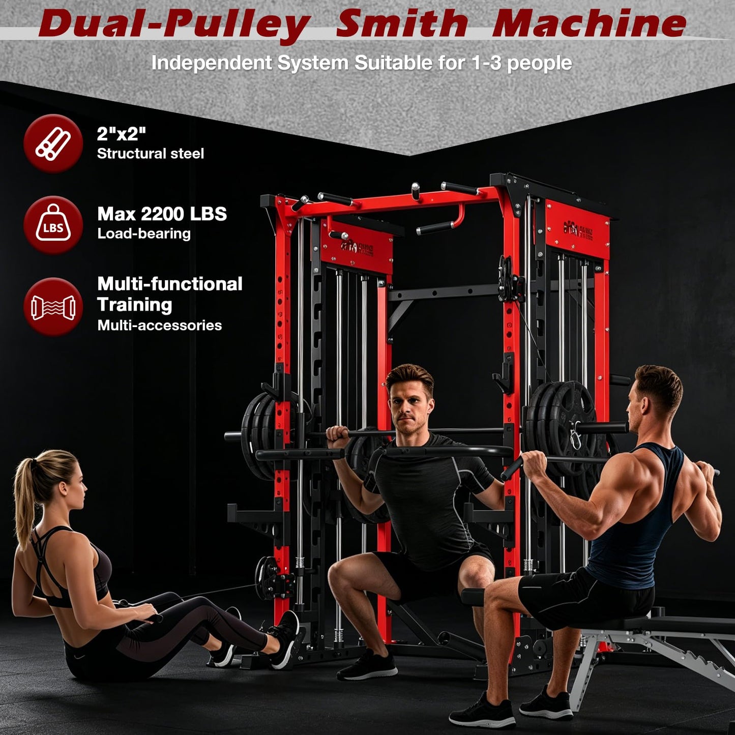 ONNO Smith Machine, 2200lbs Squat Rack with LAT-Pull Down & Cable Crossover System, Multi-Function Power Cage for Home Gym with Leg Hold-Down Attachment, Red