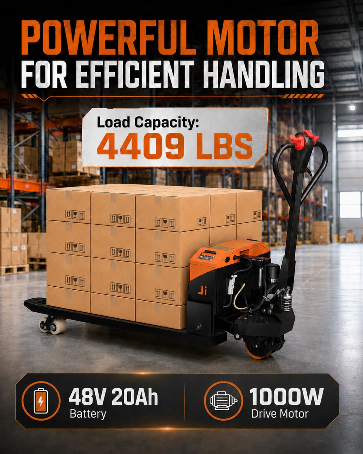 Electric Pallet Jack Truck 4409 lbs Capacity, Full Electric Pallet Lift Truck with 46.5 x 27 in Forks, 1000W Motor, 48V 20Ah Lithium Battery for Warehouse Material Handling