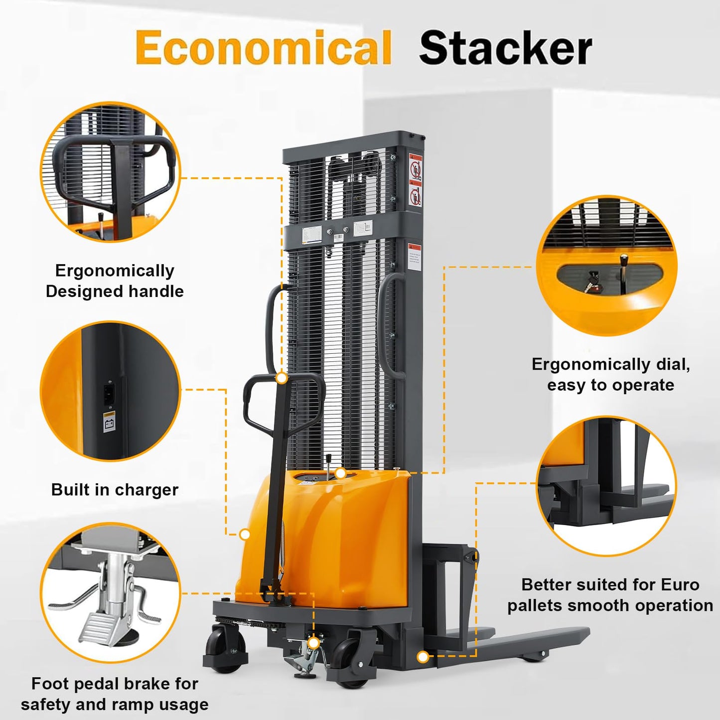 Tory Carrier Semi-Electric Stacker Pallet Lift, 3300 Lbs Capacity 118” Lift Height Material Forklift, with Fixed Legs and Forks Only for Open Bottom Pallet
