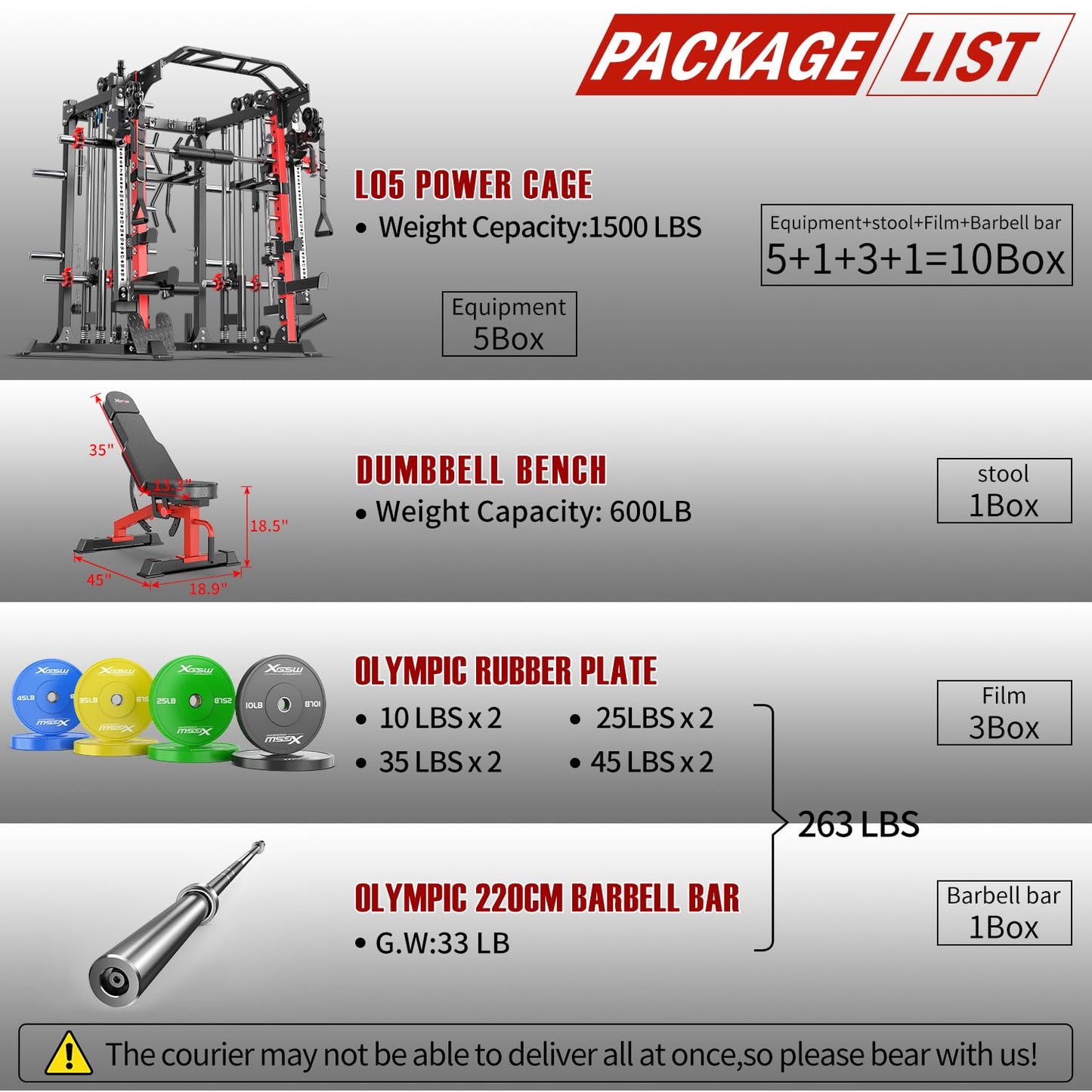 Smith Machine with Cable Crossover System, Multi-Function Squat Rack Power Cage for Home Gym, Power Rack and Packages Weight Sets (Red, L05-Smith Machine+Bench+(Pole+Color BP) 263LBS)