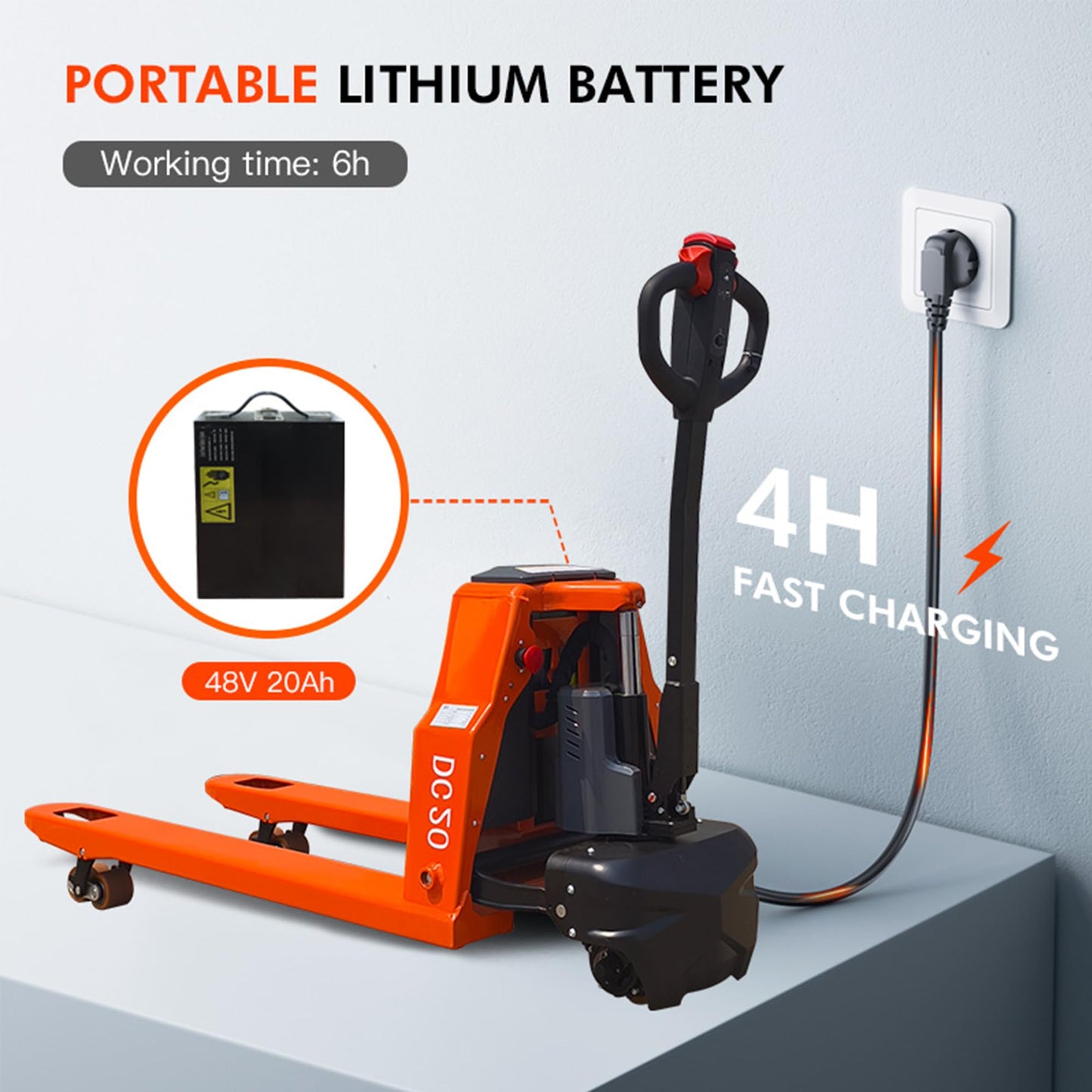 Electric Pallet Jack,4400 lb Capacity， Lithium Battery Powered Pallet Lift Truck，Fork Length 48 in. x 27 in.Multi-Function Operator Handle for Indoor Storage and Handling Pallet Truck-Orange Style