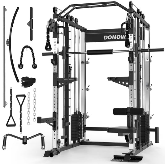 DONOW Smith Machine with Weight Stacks, Heavy Duty Home Gym System Power Cage Cable Crossover Machine Multi-Functional Trainer Ratio 1:1 (AS1 Steel Stacks 374lbs)