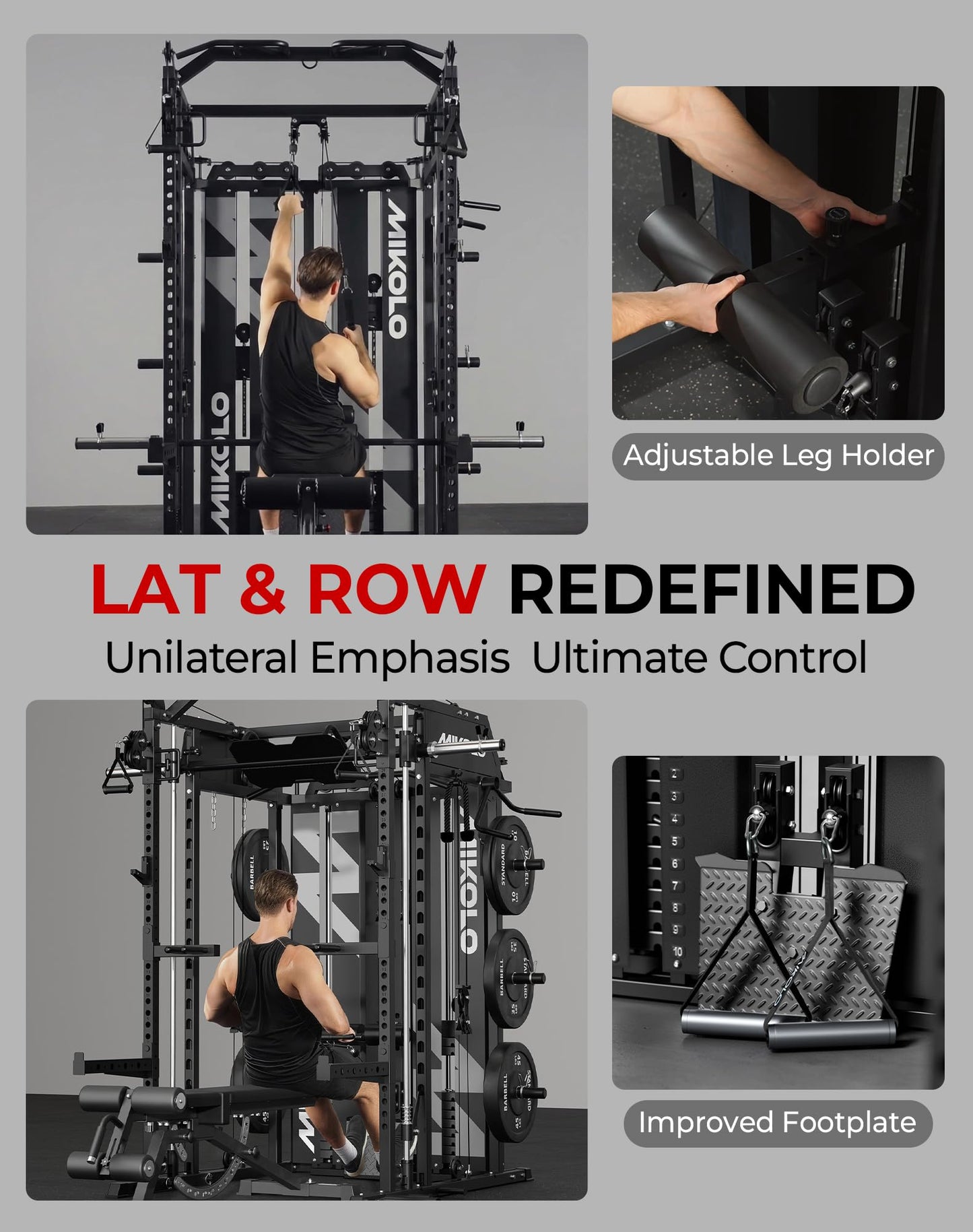 Mikolo Smith Machine with Weight Stack, Power Cage Home Gym System with LAT Pulldown & Cable Crossover, Multi-Functional Trainer with Dual Pulley System, Color Plate 230lbs