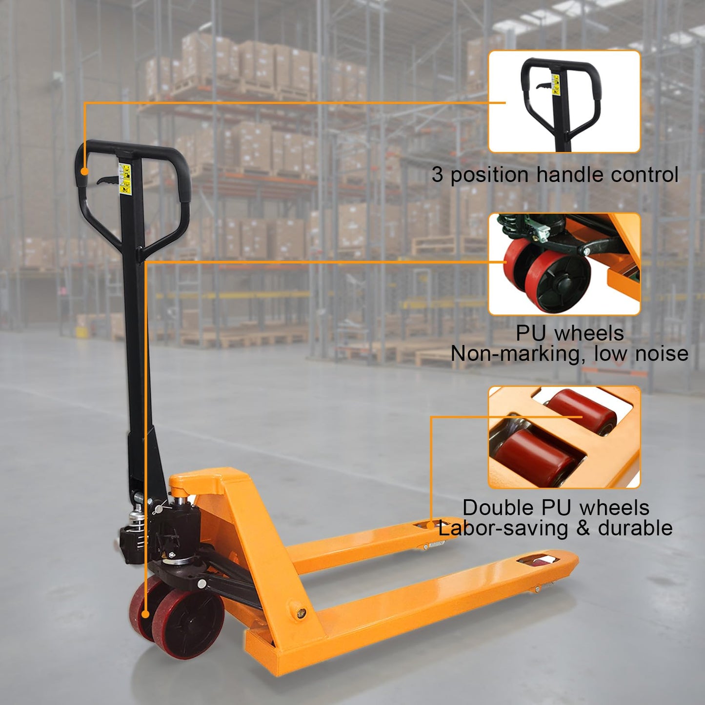 Kaixun Manual Pallet Jack Truck, 6600lbs Capacity 27" W x 48" L Forks, Dual PU Wheels, Heavy-Duty Pallet Truck for Warehouse