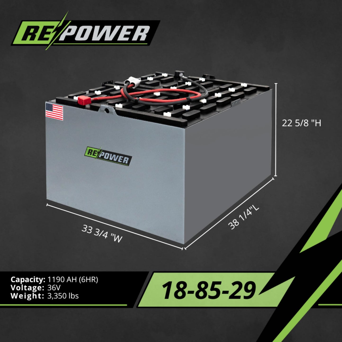 Repower - 36V Forklift Battery - Reconditioned Lead Acid for Electric Forklifts - Heavy Duty Industrial Power - 18-85-29 Series 32x23 - Warehouse Equipment - Compatible with Systems