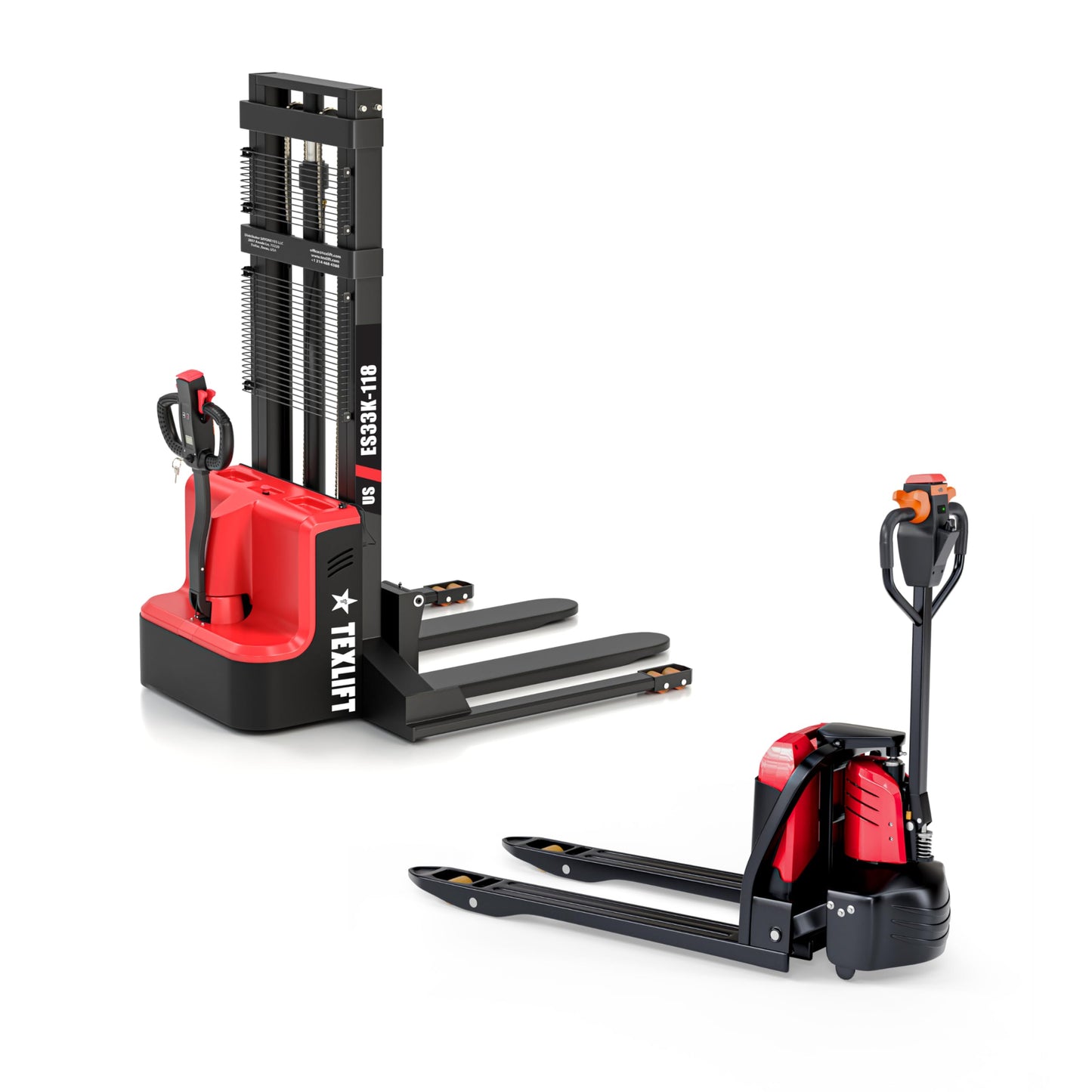 Electric Pallet Stacker & Electric Pallet Jack Combo – 3300 lb Capacity, 118″ Lift Compact Walkie Stacker + 48″x27 Fork Electric Pallet Truck, Battery Powered Warehouse Equipment