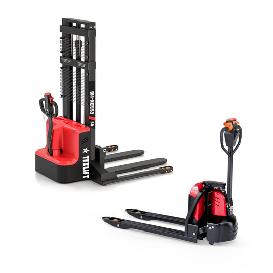 Electric Pallet Stacker & Electric Pallet Jack Combo – 3300 lb Capacity, 118″ Lift Compact Walkie Stacker + 48″x27 Fork Electric Pallet Truck, Battery Powered Warehouse Equipment
