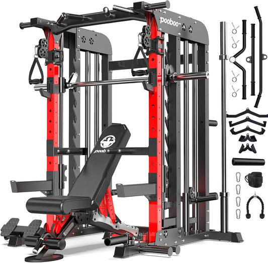 pooboo Multi-Functional Machine Power Cage, 2000LB Squat Rack, LAT-Pull Down System, Dual Pulley Cable Crossover System, Home Gym Workout Machine with Strength Training Attachments (P43 Pro Max)