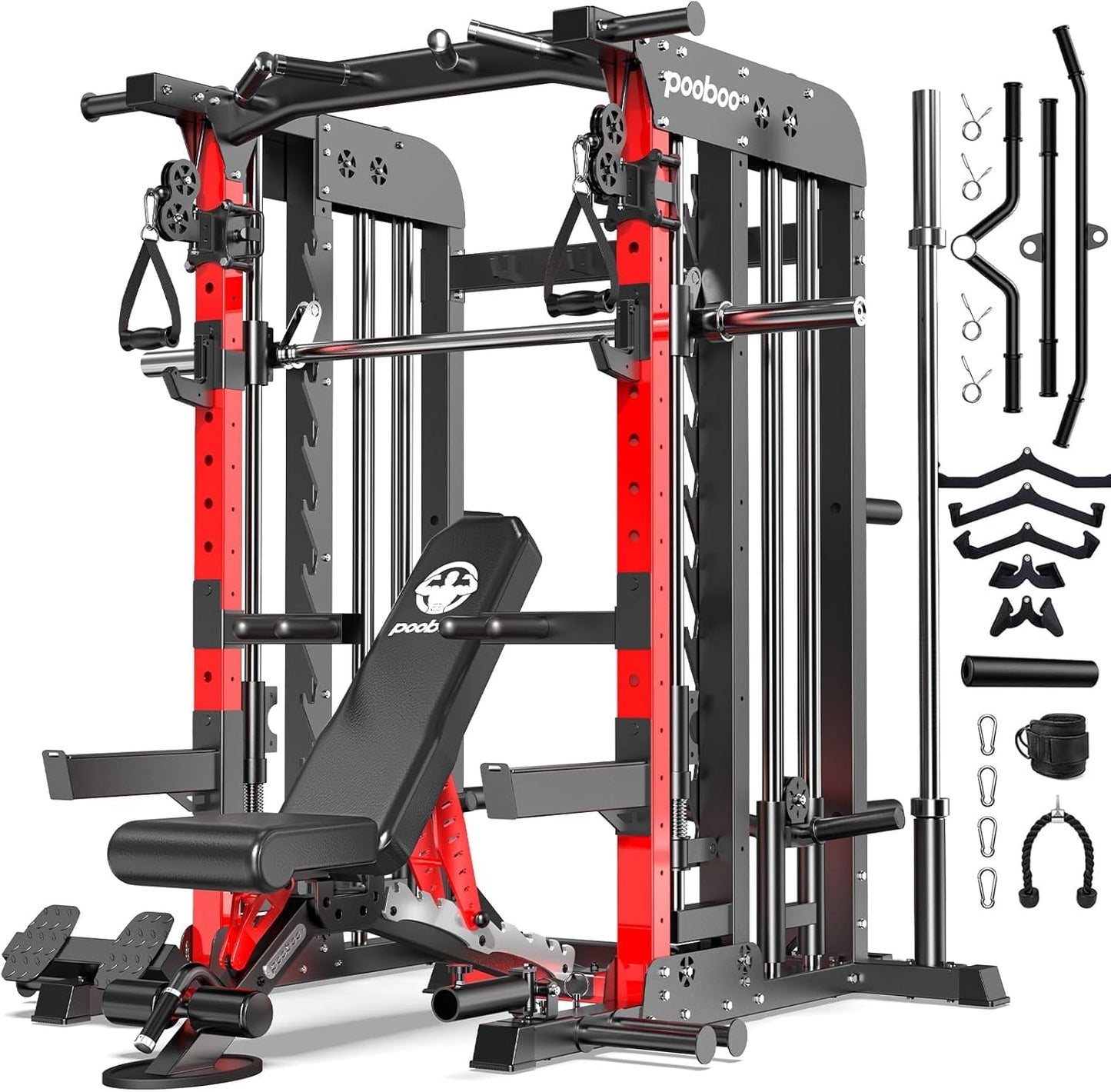 pooboo Multi-Functional Machine Power Cage, 2000LB Squat Rack, LAT-Pull Down System, Dual Pulley Cable Crossover System, Home Gym Workout Machine with Strength Training Attachments (P43 Pro Max 01)
