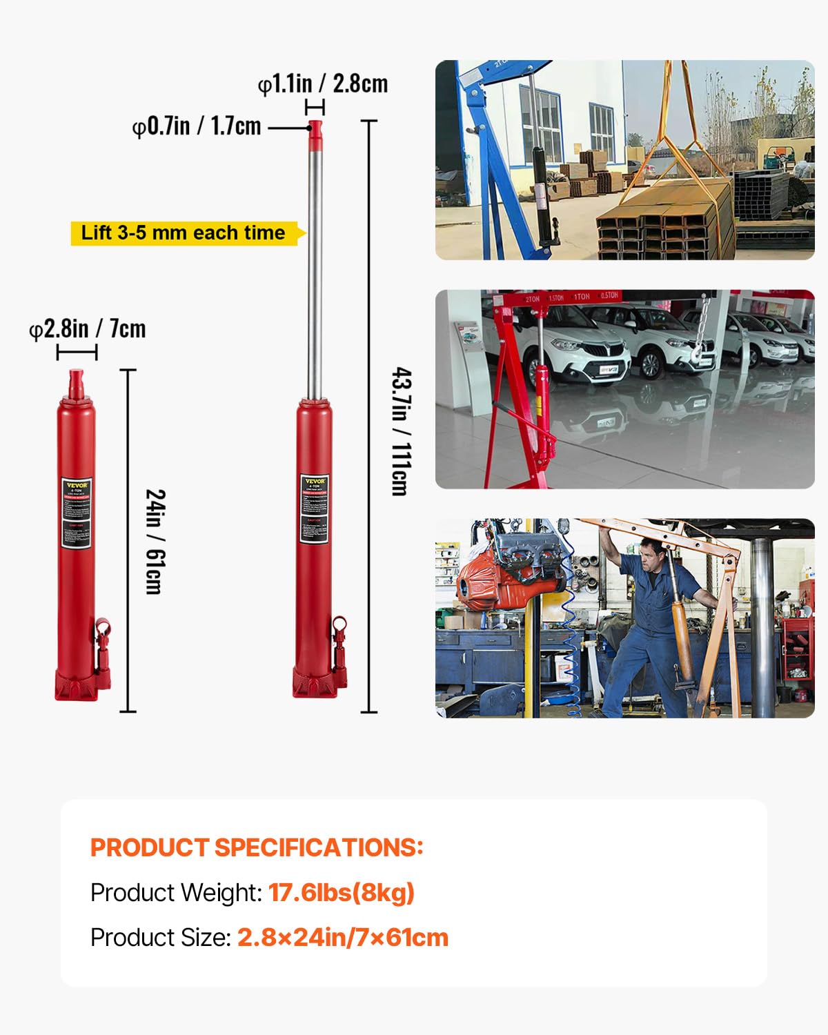 VEVOR 4 Ton Hydraulic Long Ram Jack, Cherry Picker Ram with Single Piston Pump, Manual Engine Hoist Cylinder with Handle and Flat Base, for Garage & Engine Lifting, Red