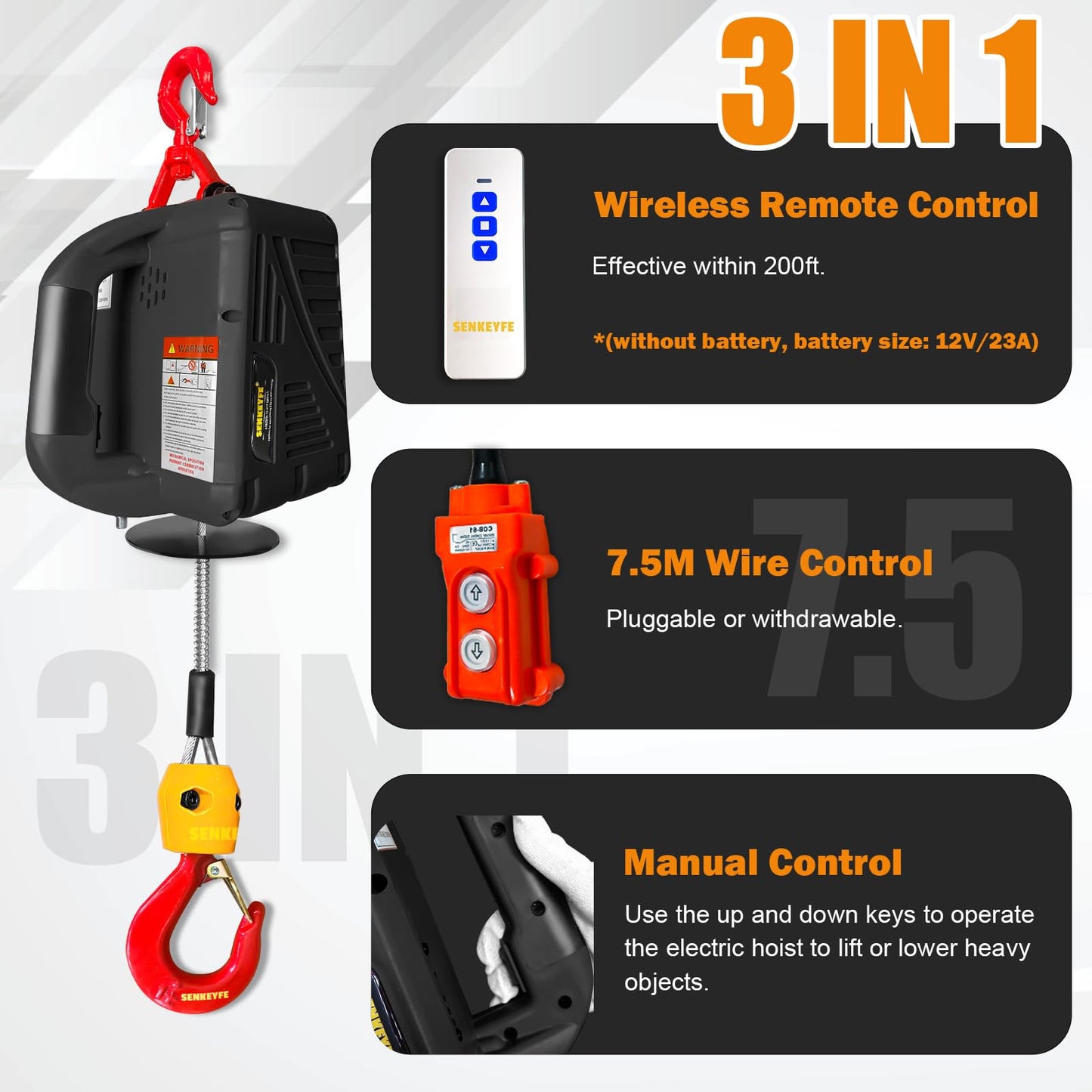 SENKEYFE Power Electric Portable Hoist Winch 1100LBS, 3 in 1 Electric Cable Hoist 110V 25 FT with Lifting Strap, Electric Hoist Lift Ceiling Winch for Lifting Towing