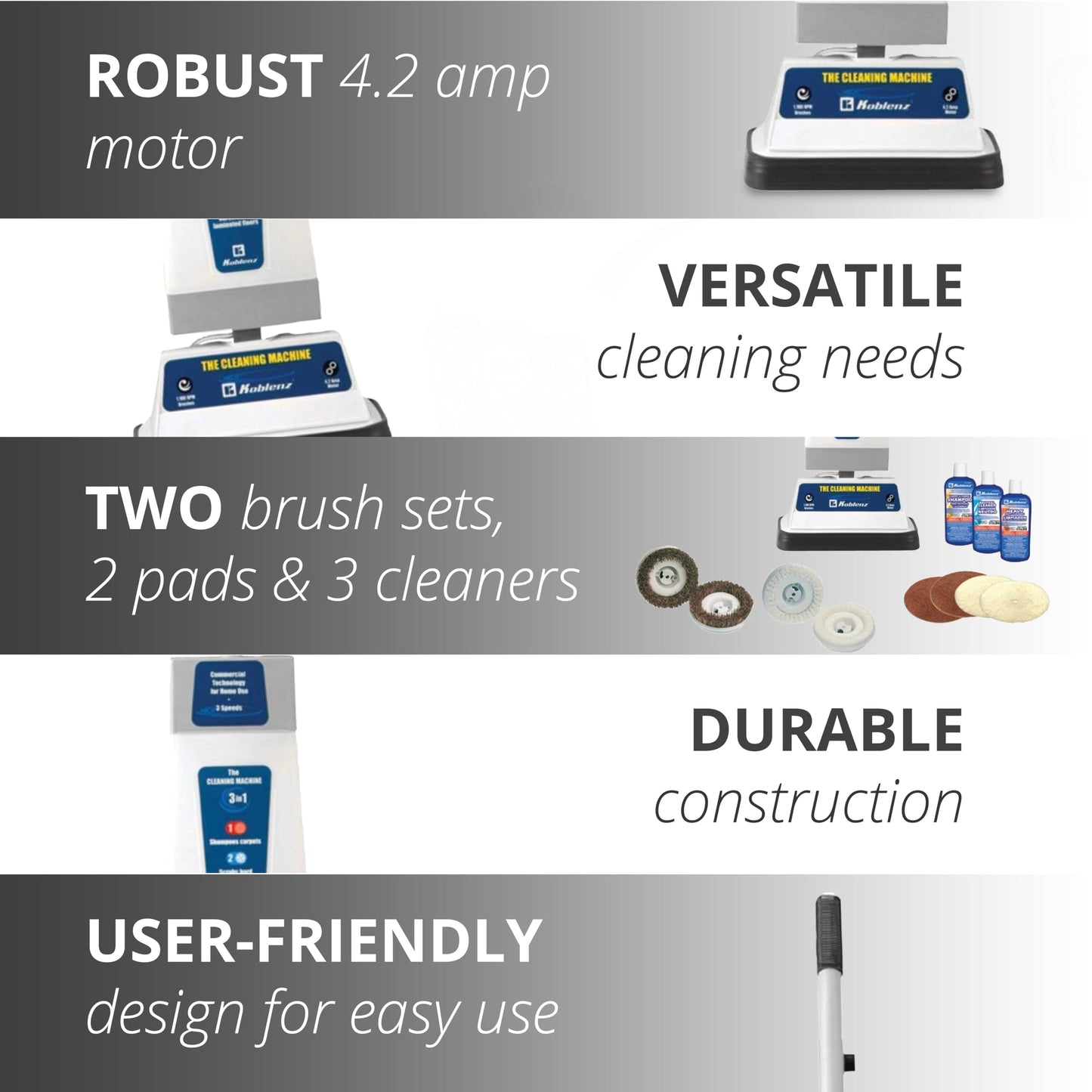 Koblenz P-820 BA Carpet Shampooer and Floor Polisher, Floor Scrubber Machine, 3-Speed, Scrubbing Brushes, Polishing Pads, Buffing Pads, Carpet Cleaner Machine, Includes Cleaners, Blue/Gray