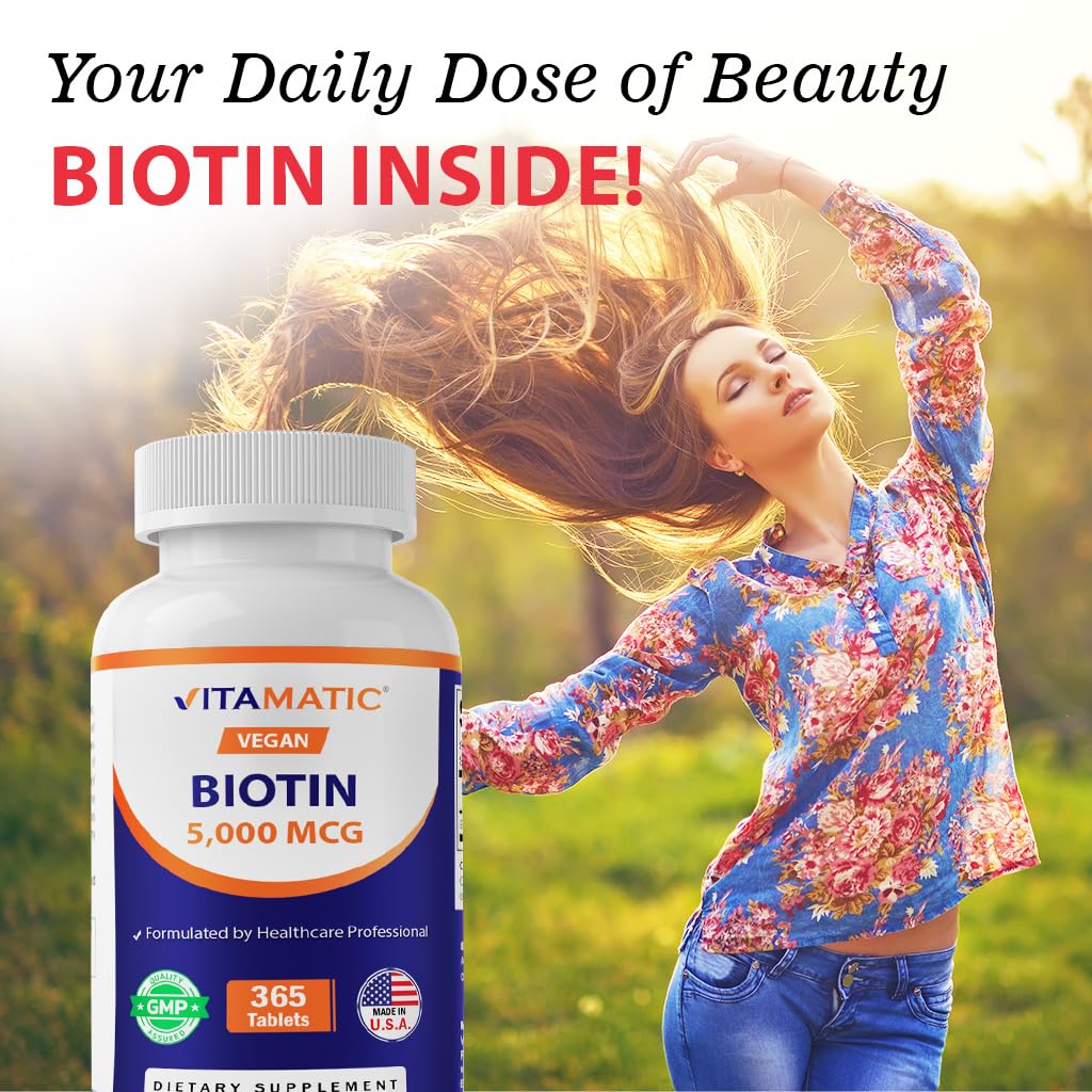 Vitamatic Biotin 5000mcg (5 mg) for Stronger Hair, Skin & Nails - 365 Vegan Tablets- Also Called Vitamin B7
