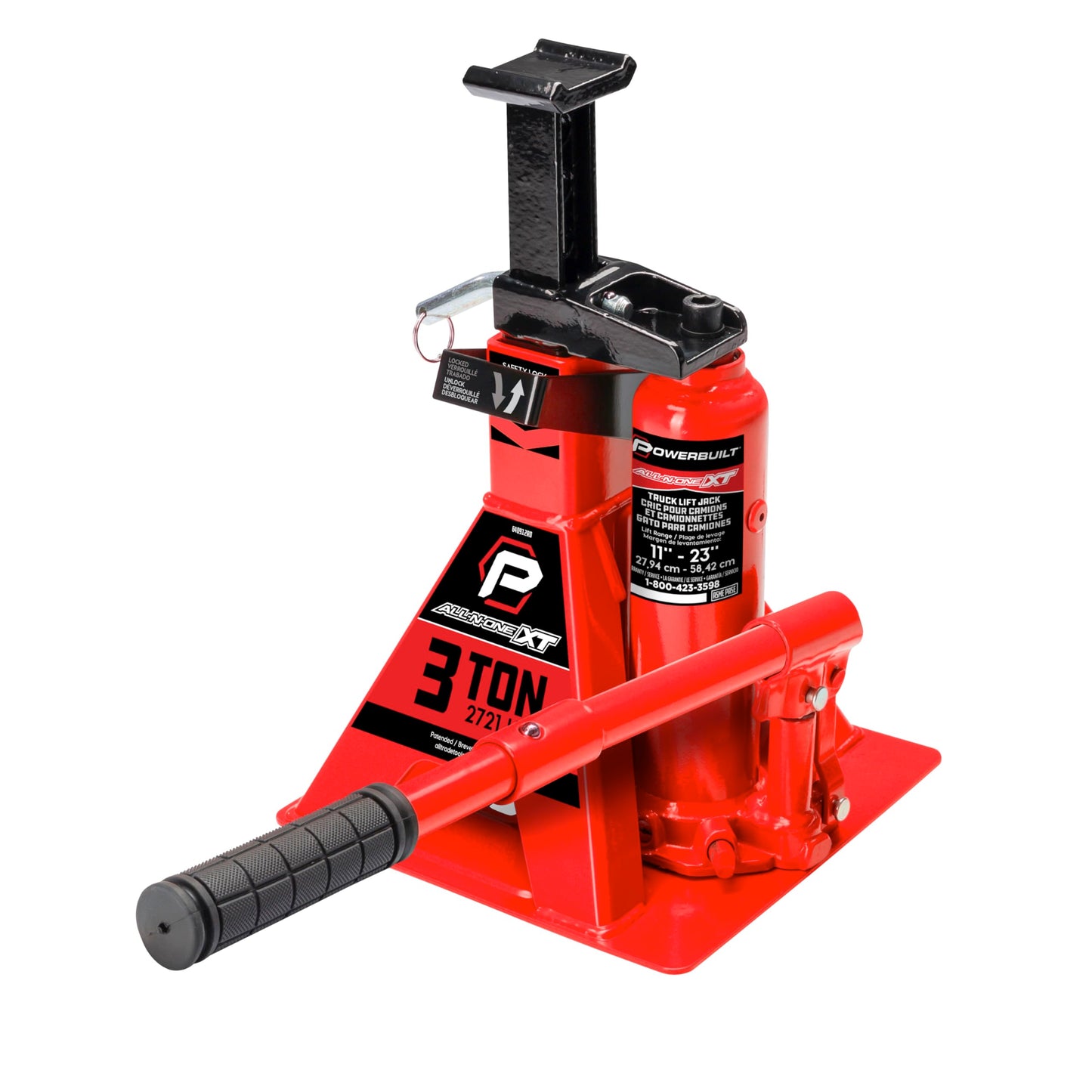 POWERBUILT 3 Ton All-in-One Hydraulic Bottle Jack and Jackstand in One, Compact, Wide Base, 11-21 inch Range, Eliminates Jackstands, for Trucks, SUVs, RVs, Trailers, Not for Sedans (Orange) 640912OR