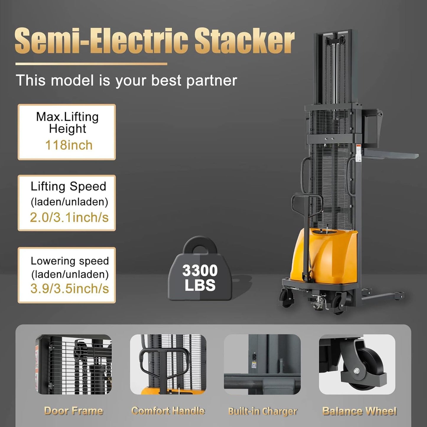 Aequanta Semi Electric Stacker 3300lbs Capacity 118" Max.Lifting Height Fixed Legs Pallet Stacker, Suitable for Open Bottom Pallet