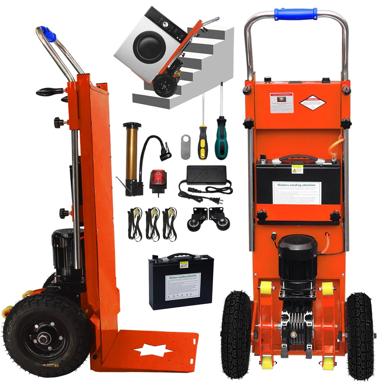 Electric Stair Climbing Dolly, Easy Up/Down with Foldable Design, 900lbs Capacity Heavy Duty, 1500W Hand Truck for Moving Furniture Fridge&Logistics Distribution (Orange, 1 Battery)