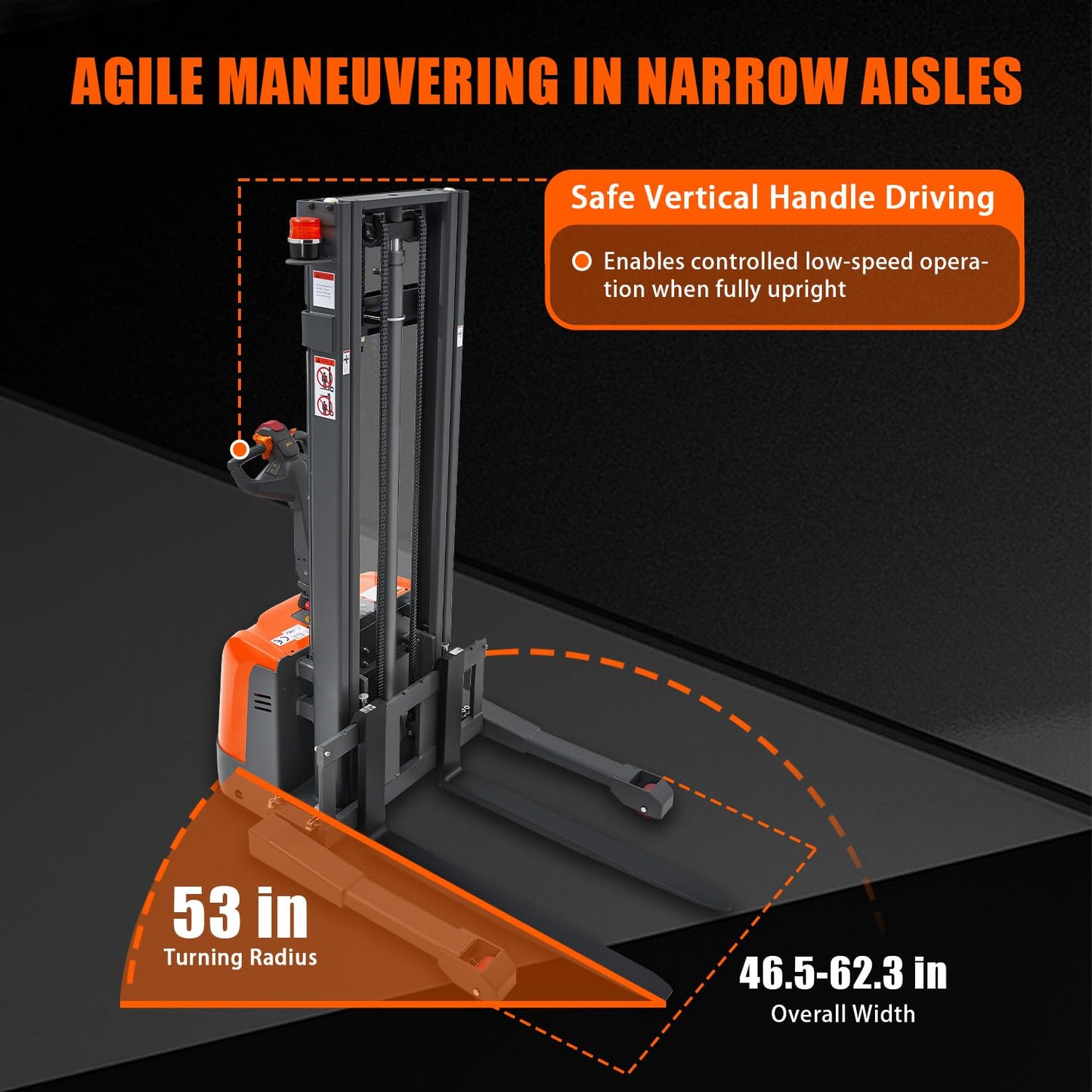 Tory Carrier Full Electric Pallet Stacker, Pallet Forklift, 3300 lbs Capacity, 118" Height Material Lifts, Straddle Legs & Forks Lift, Upgraded Maintenance-Free Gel Battery for Narrow Spaces