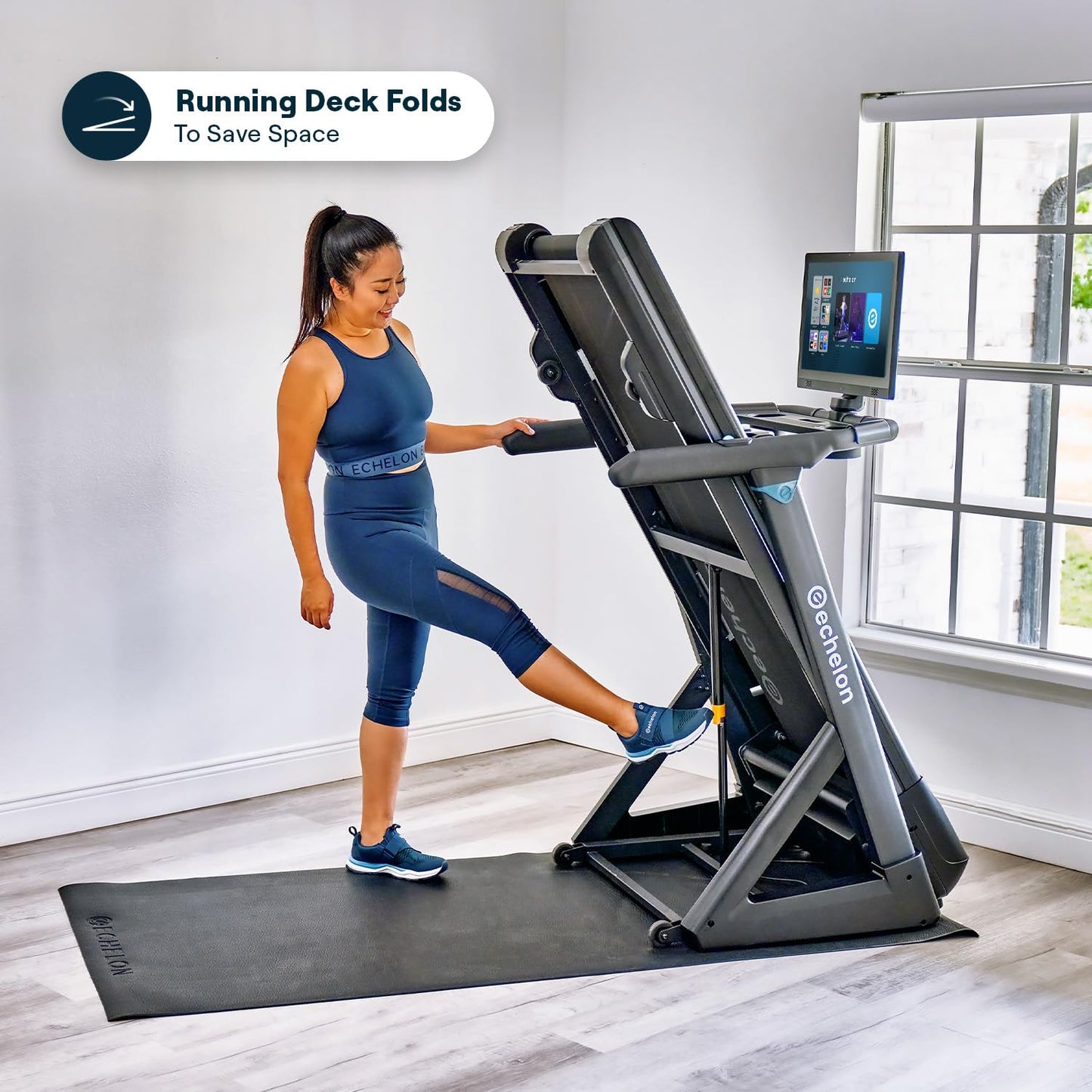 Echelon Stride 4S+22 Treadmill | 22” HD Touchscreen, 3.0 CHP Brushless Motor, 10% Incline, Foldable Home Gym, Heart Rate Sensors, Device Tray, Water Bottle Holders