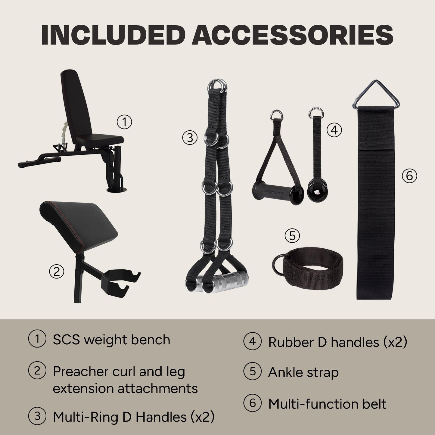 Inspire Fitness SCS Smith System Fully Loaded with Bench and Attachments - Functional Trainer Home Gym with Smith Machine, Bench, Preacher Curl Attachment, and Leg Extension/Leg Curl Attachment
